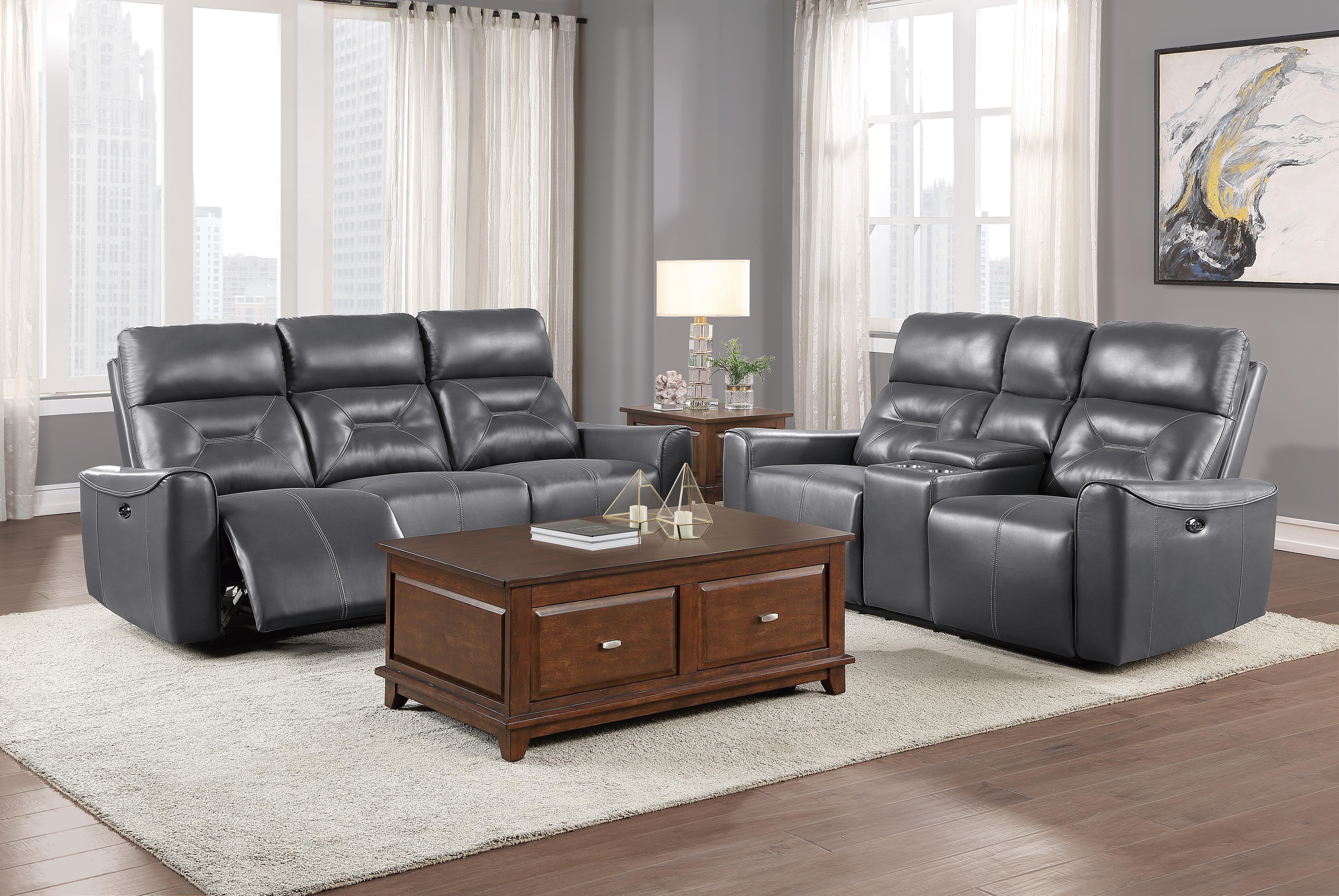 

                    
Homelegance 9446GY-3PW Burwell Power Reclining Sofa Dark Gray Faux Leather Purchase 
