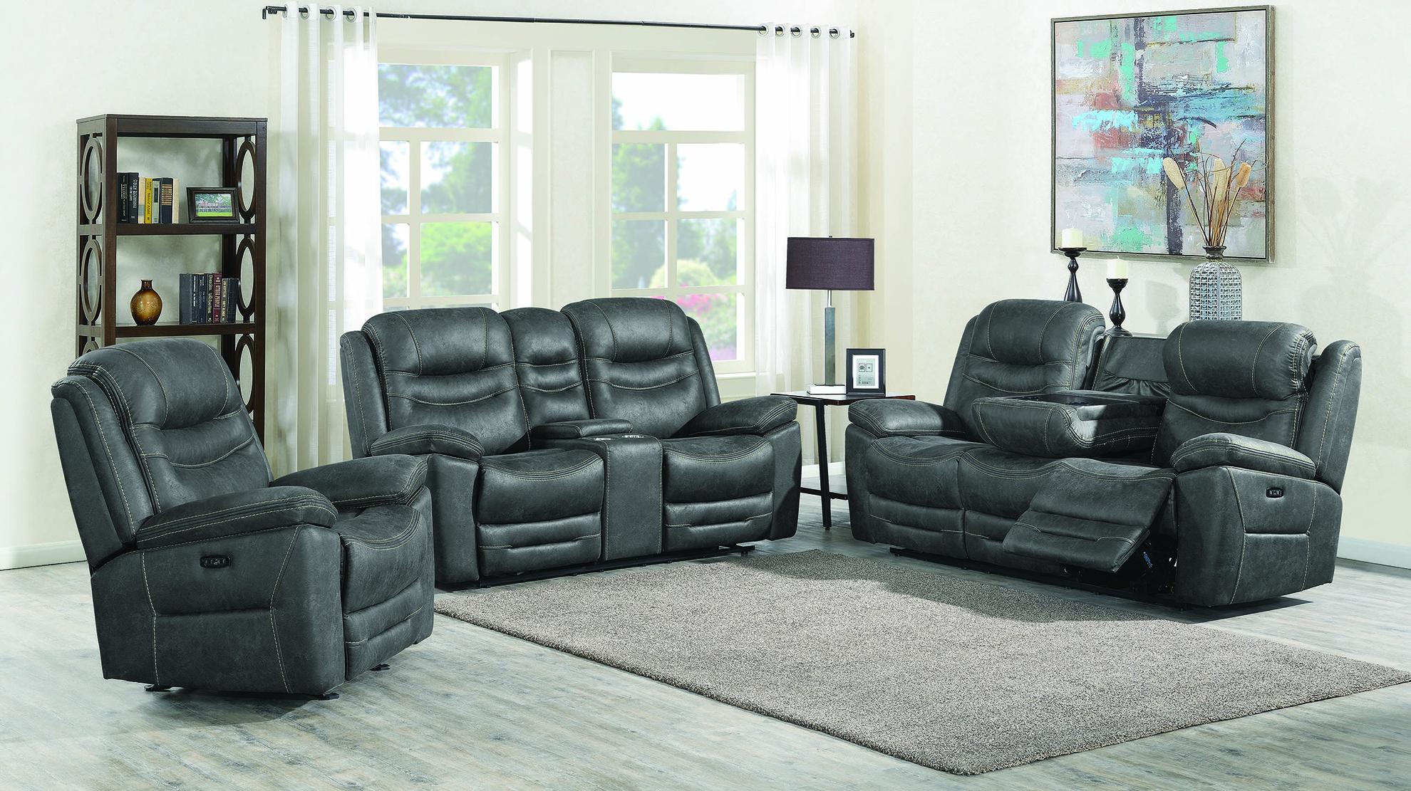 

    
Modern Dark Gray Faux Suede Power Living Room Set 3pcs Coaster 603341PP-S3 Hemer
