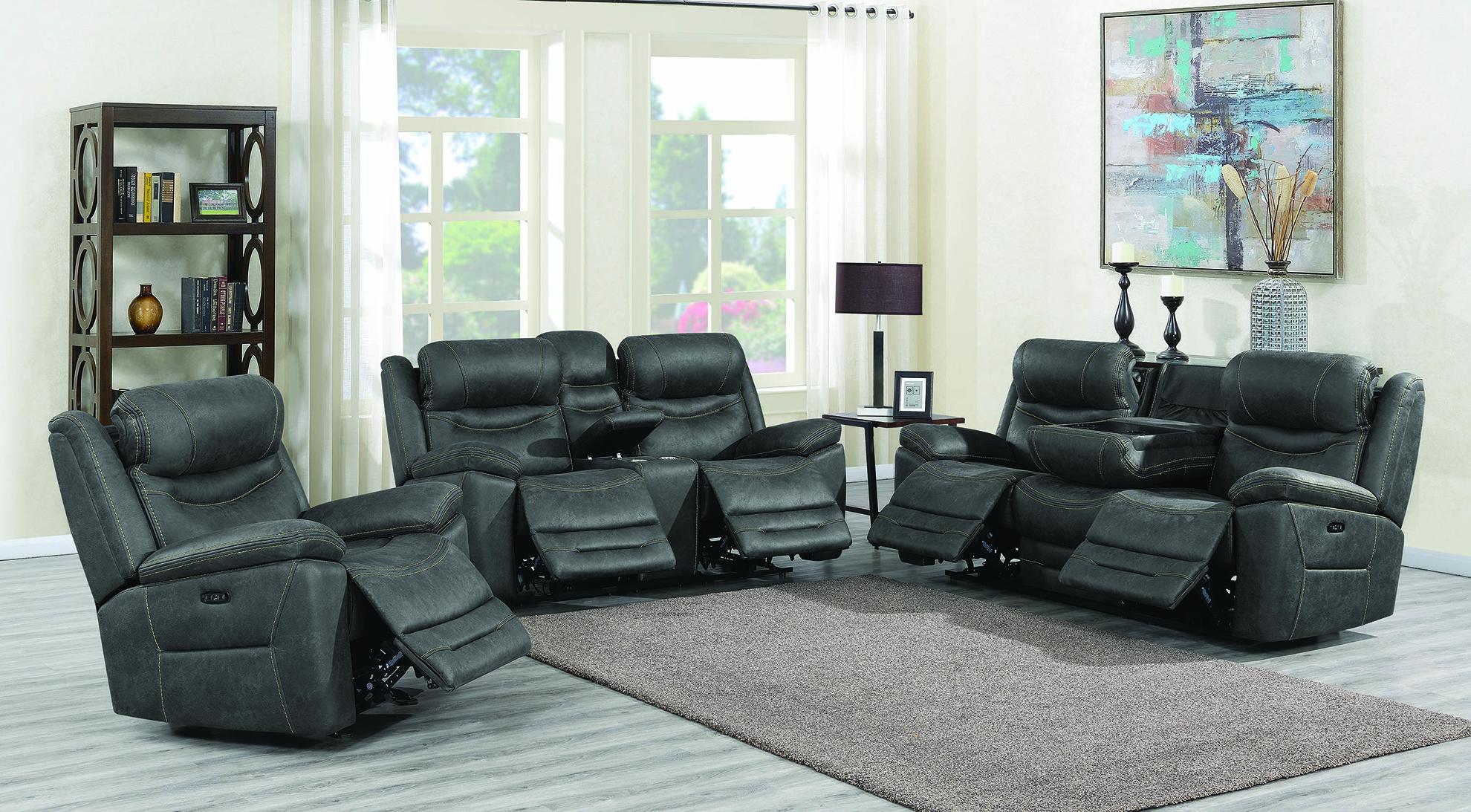 

    
Modern Dark Gray Faux Suede Power Living Room Set 3pcs Coaster 603341PP-S3 Hemer
