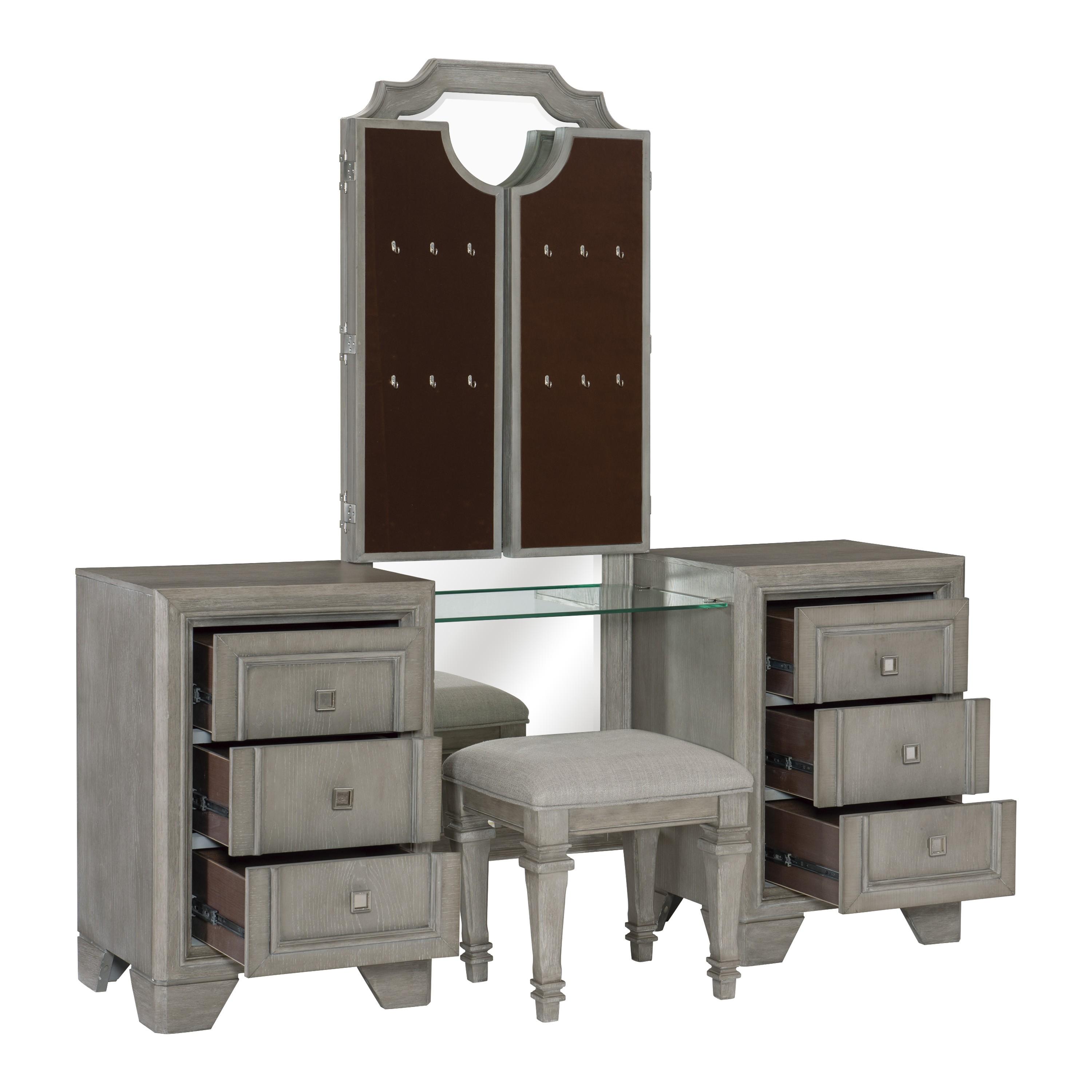 

    
Homelegance 1546-15-3PC Colchester Vanity Dresser Mirror &amp; Stool Set Gray 1546-15-3PC
