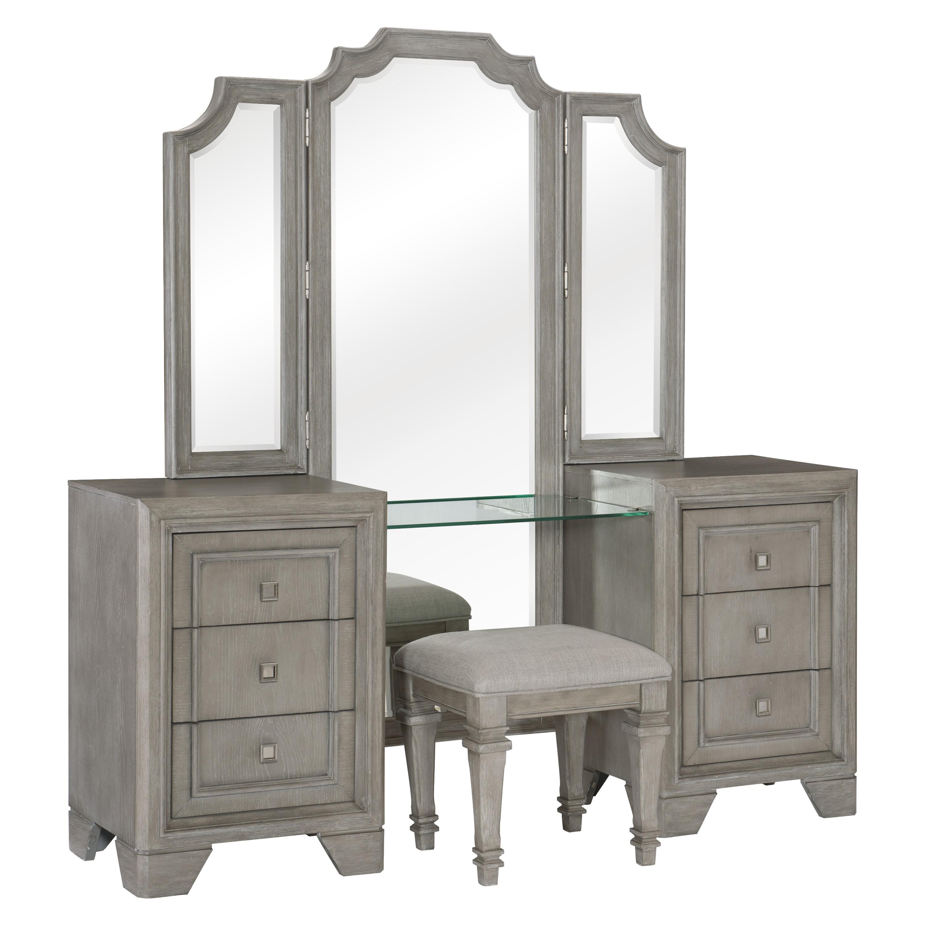 Modern Vanity Dresser Mirror & Stool Set 1546-15-3PC Colchester 1546-15-3PC in Gray Polyester