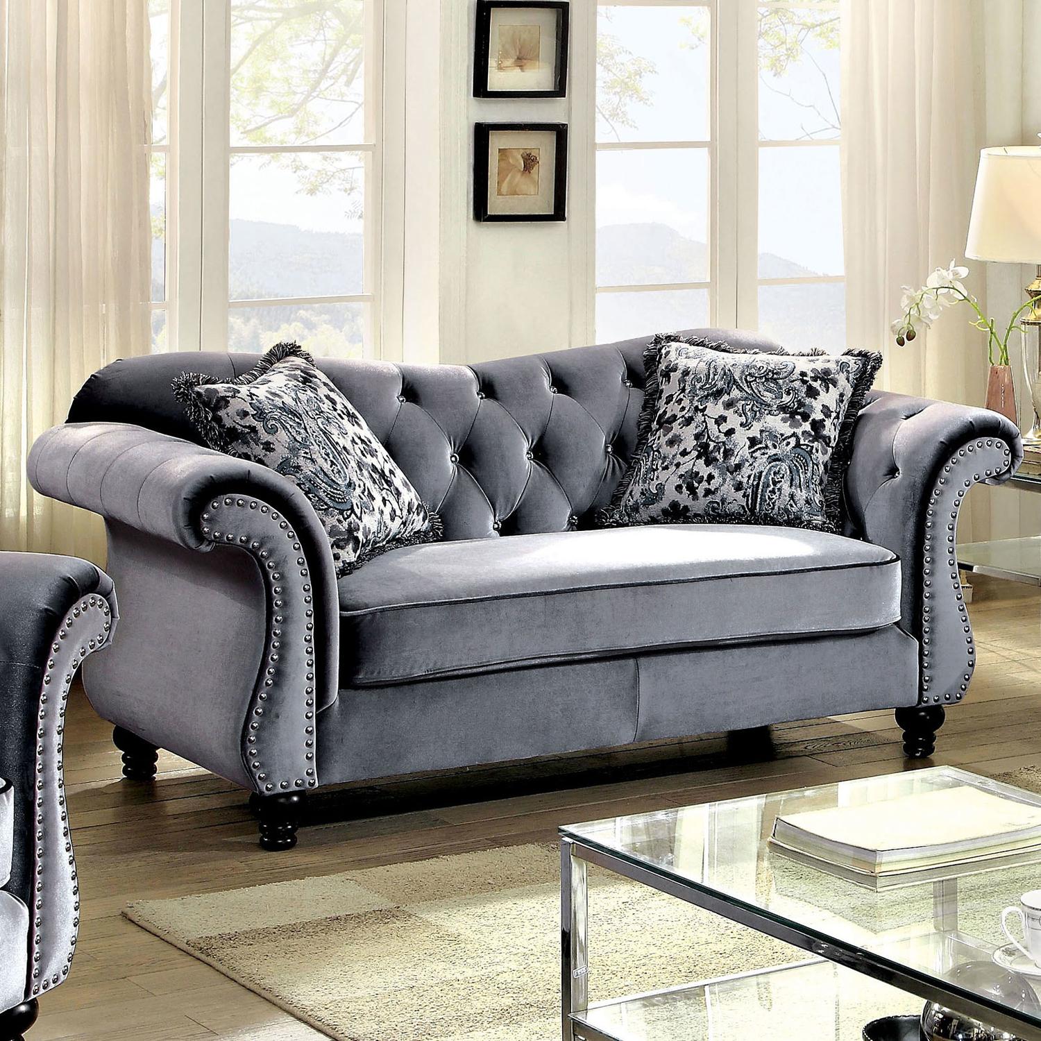 

    
Glam Gray Flannelette Loveseat JOLANDA CM6159GY-LV Furniture of America Modern
