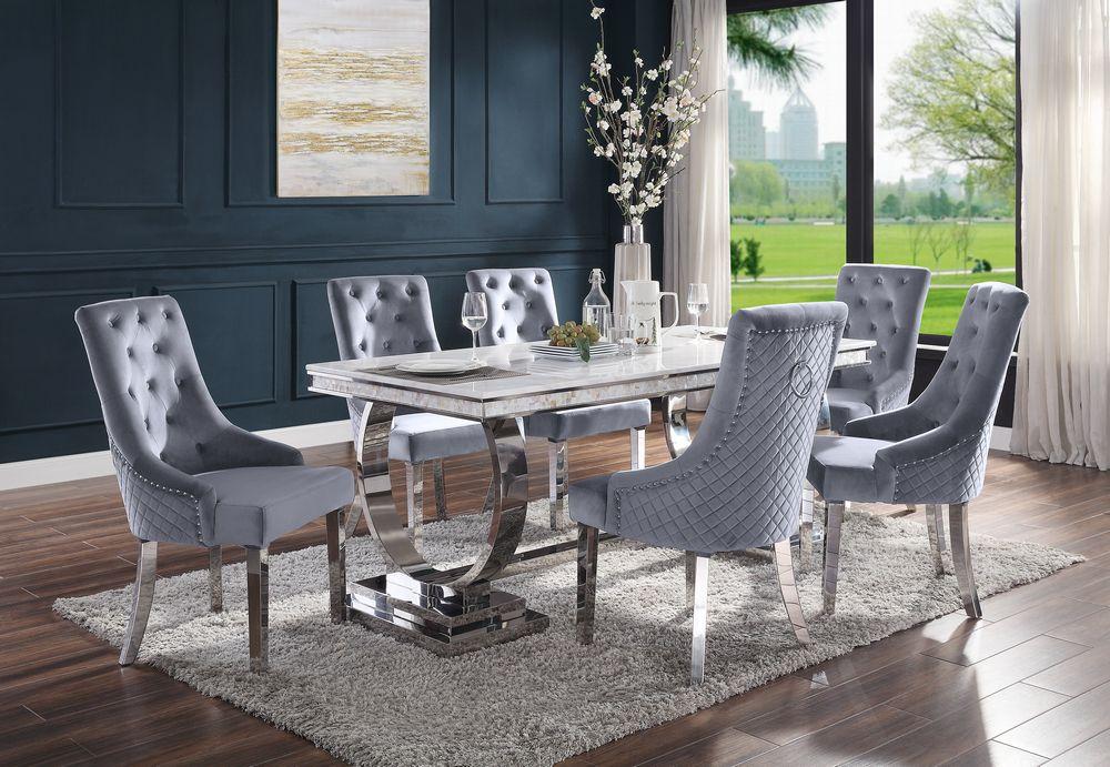 

    
Modern Faux Marble & Mirrored Silver Dining Table + 6x Chairs by Acme Zander 68250-7pcs
