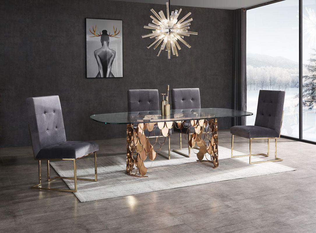 

    
Modern Glass & Rosegold Dining Table + 4 Chairs by VIG Modrest Javier
