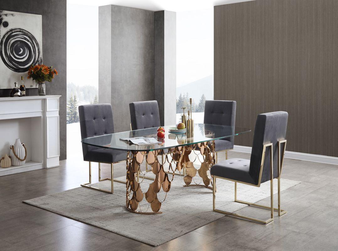 

    
Modern Glass & Rosegold Dining Table + 4 Chairs by VIG Modrest Javier
