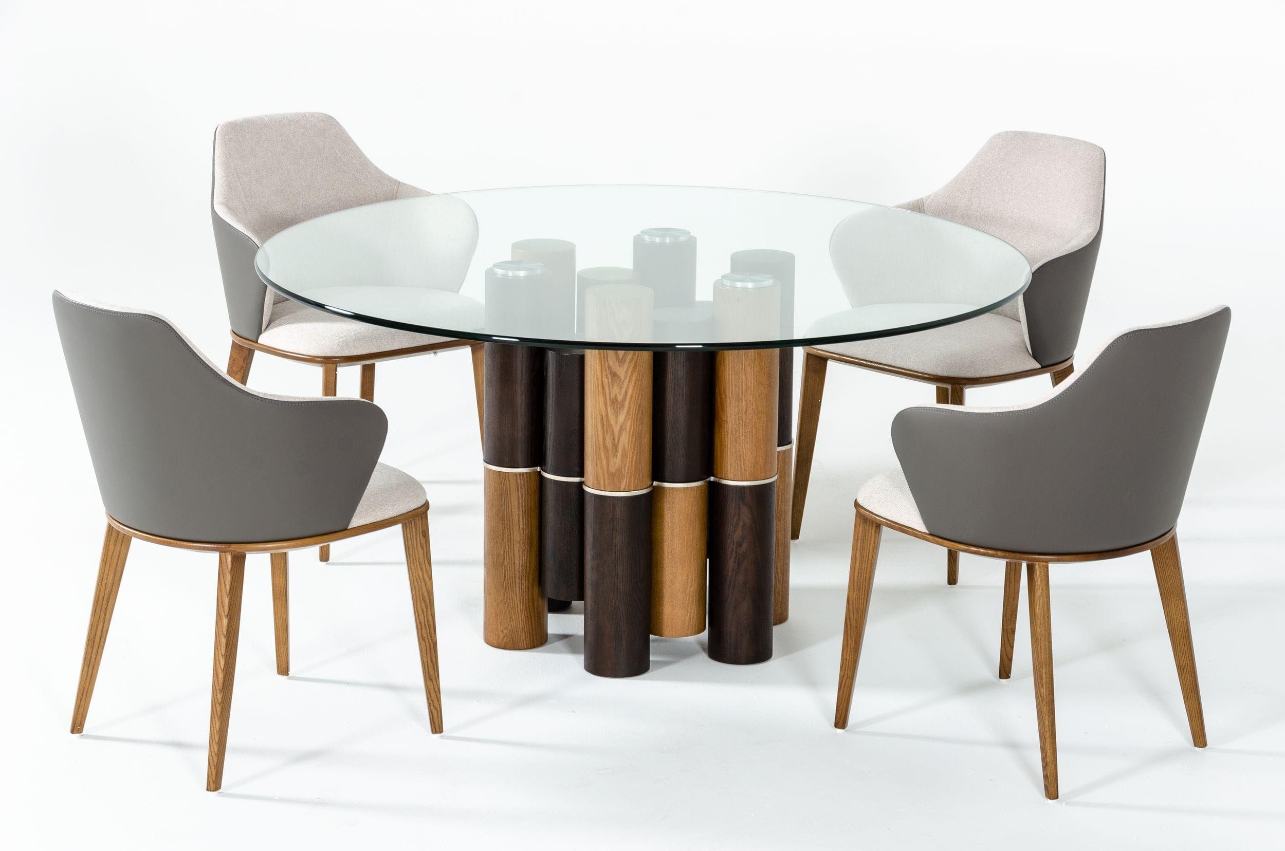 

    
Modern Glass & Walnut Round Dining Table + 4 Chairs by VIG Modrest Greta/Cora
