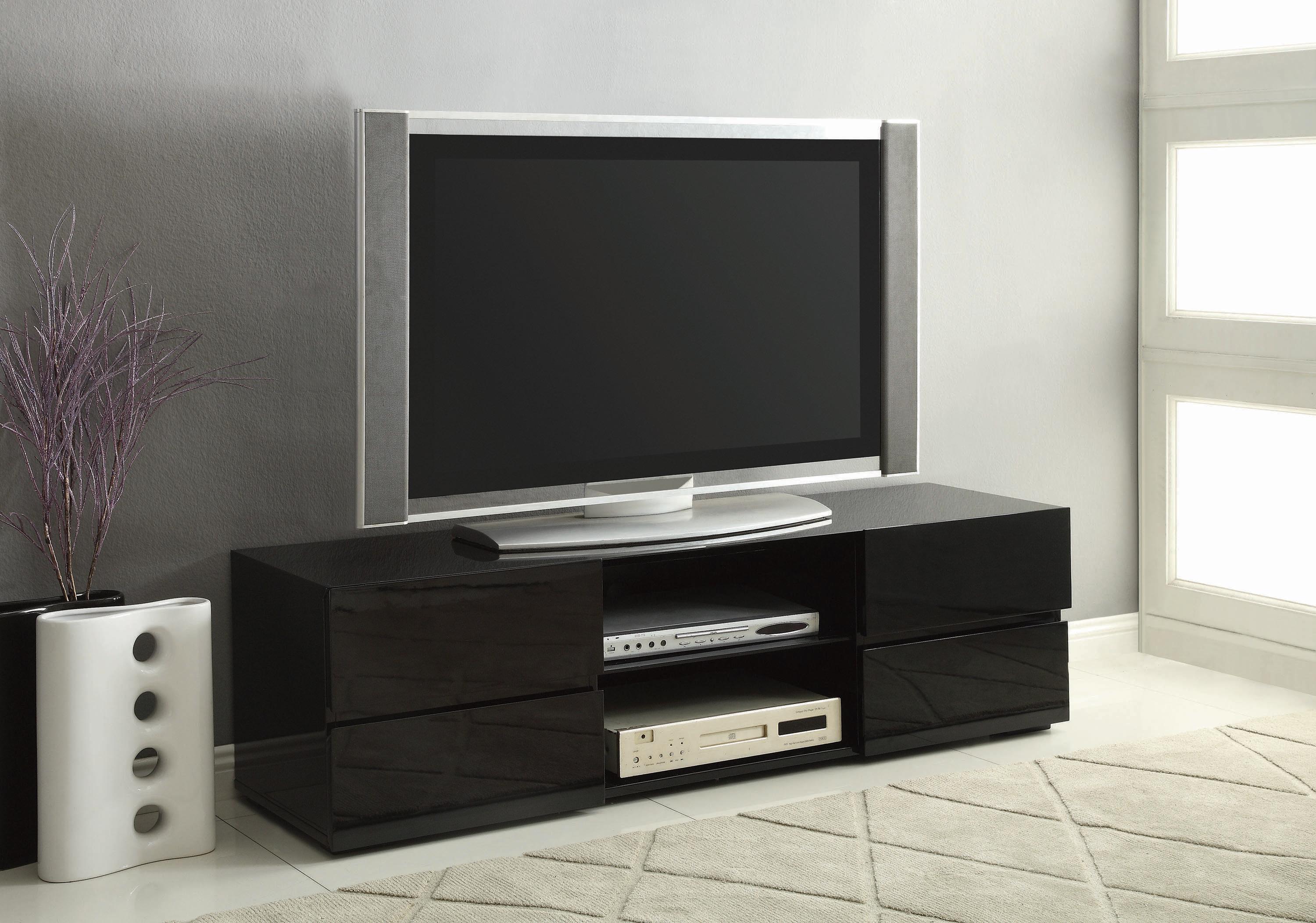 

    
Modern Glossy Black Wood TV Console Coaster 700841
