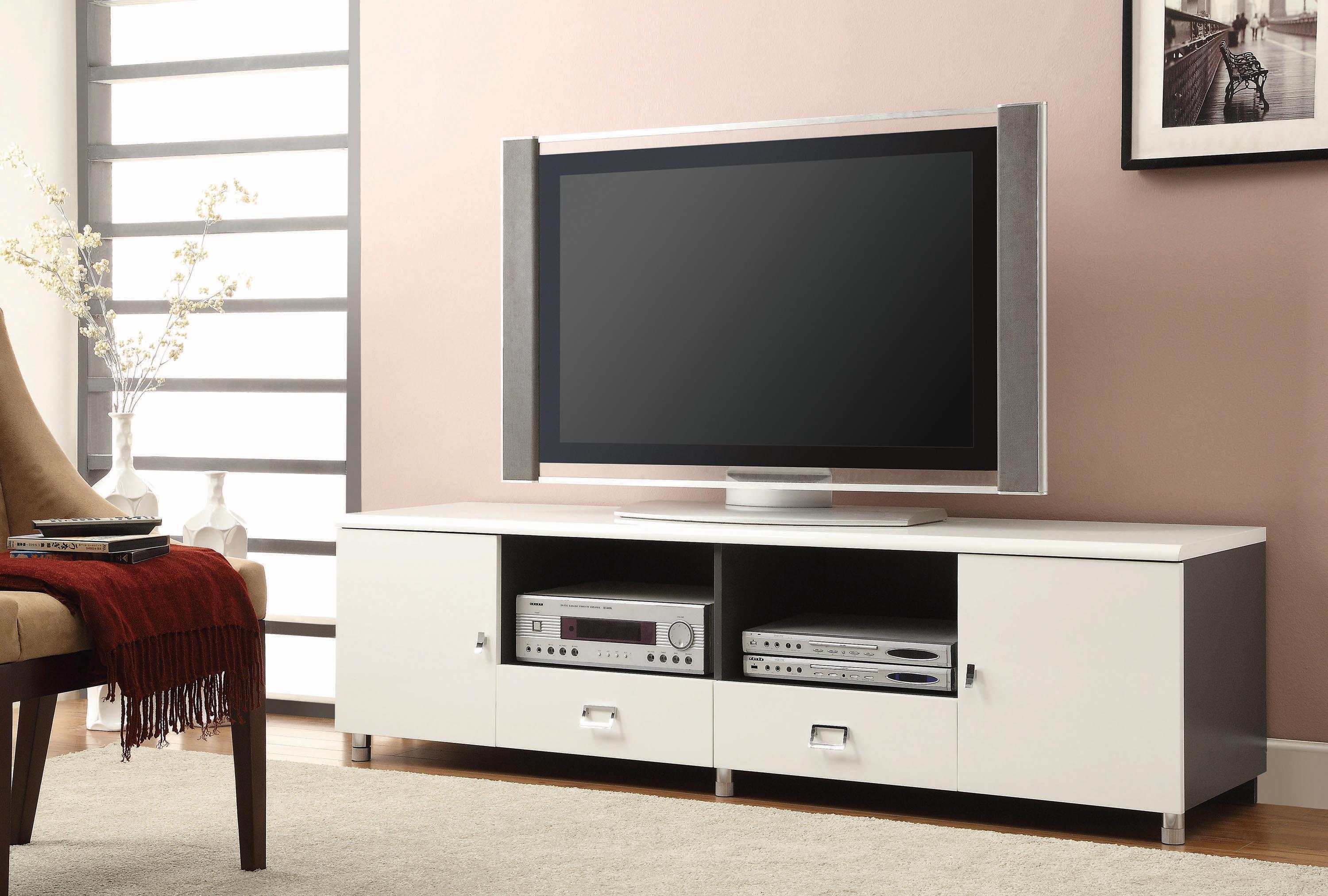 

    
Modern Glossy White & Gray Wood TV Console Coaster 700910

