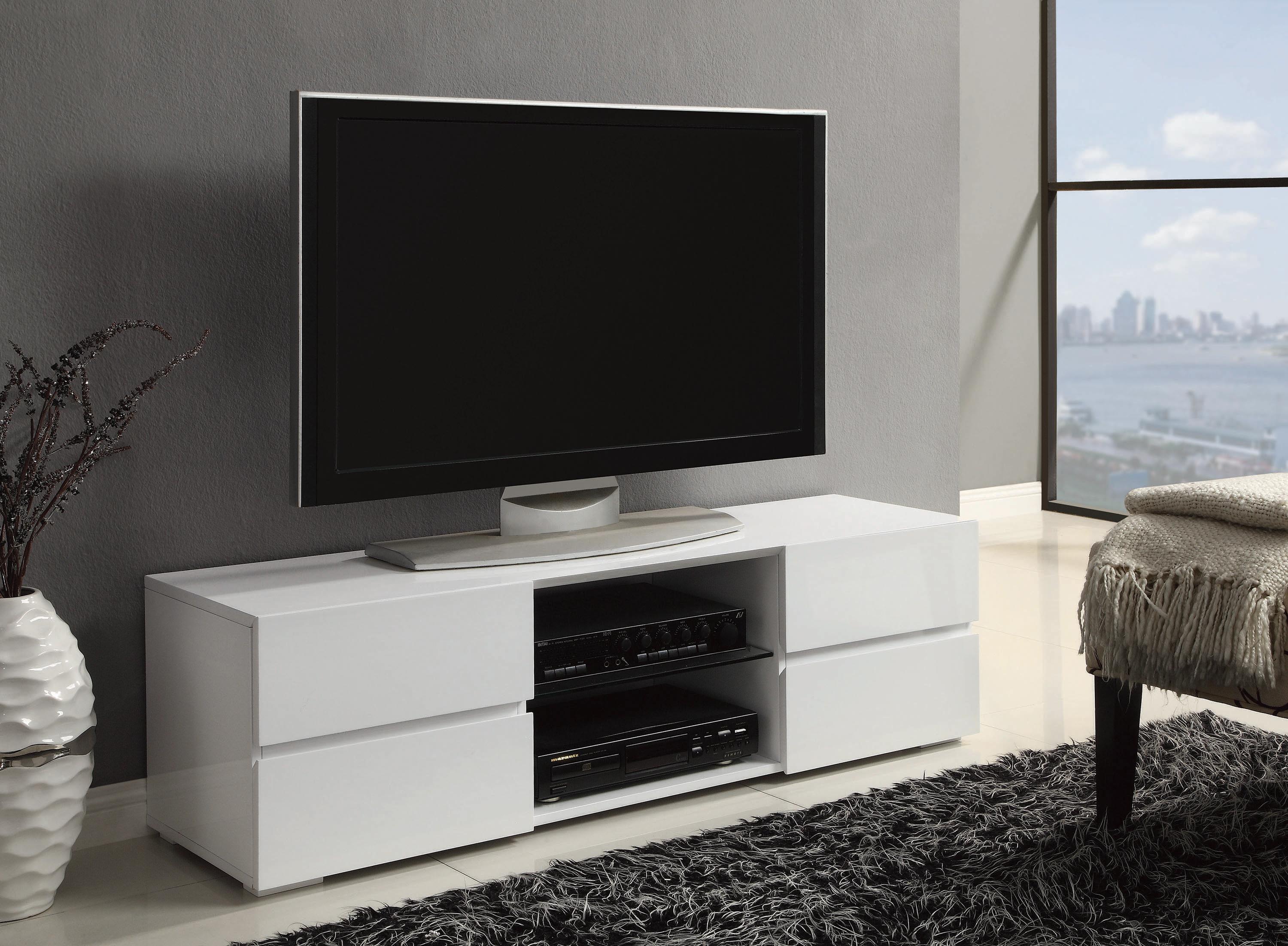 

    
Modern Glossy White Wood TV Console Coaster 700825
