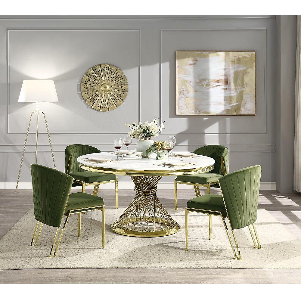 

    
Modern Gold/Green Stainless Steel Dining Room Set 7PCS Acme Fallon DN01189-DT-7PCS

