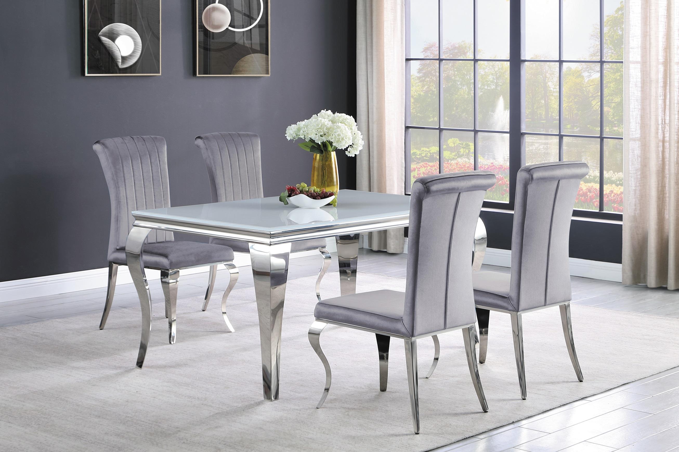 

    
Modern White & Gray Stainless Steel Dining Room Set 5pcs Coaster 115091-S5 Carone
