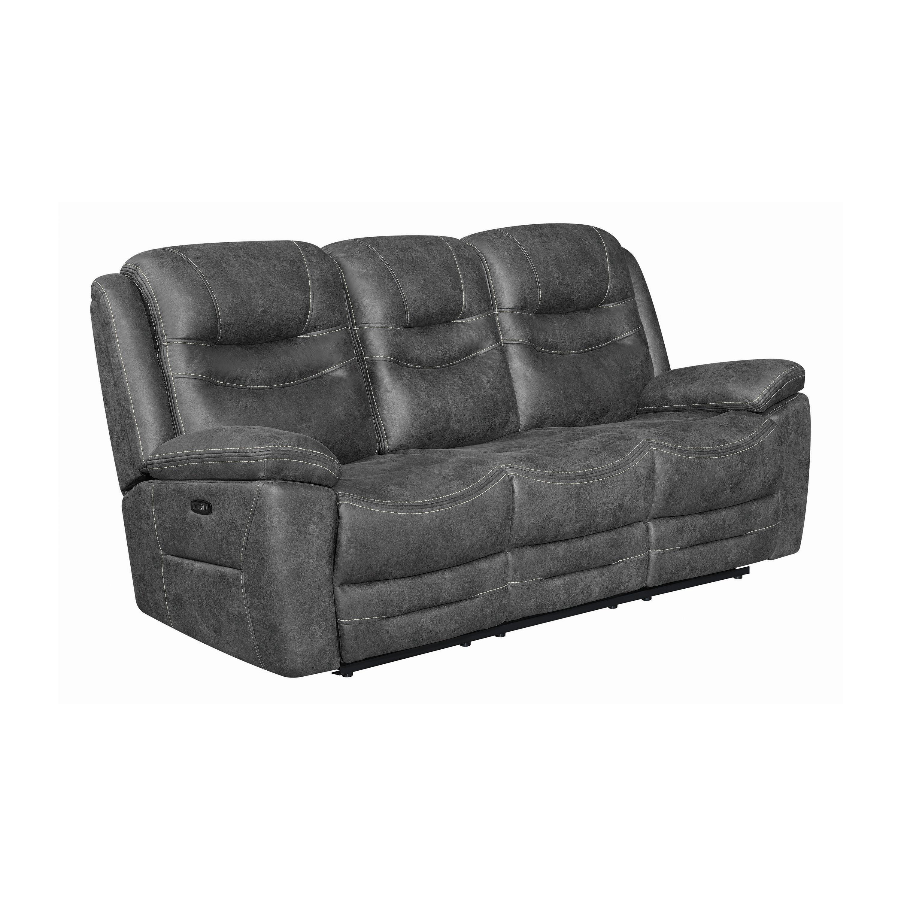 

    
Modern Dark Gray Faux Suede Power Reclining Sofa Coaster 603341PP Hemer
