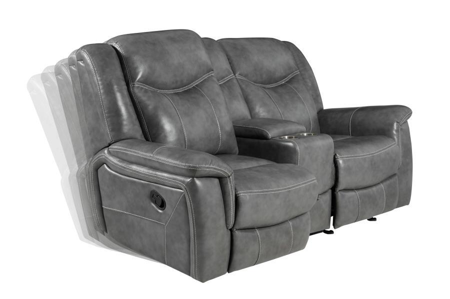

    
 Shop  Modern Gray Faux Leather Motion Sofa Set 2pcs Coaster 650354-S2 Conrad
