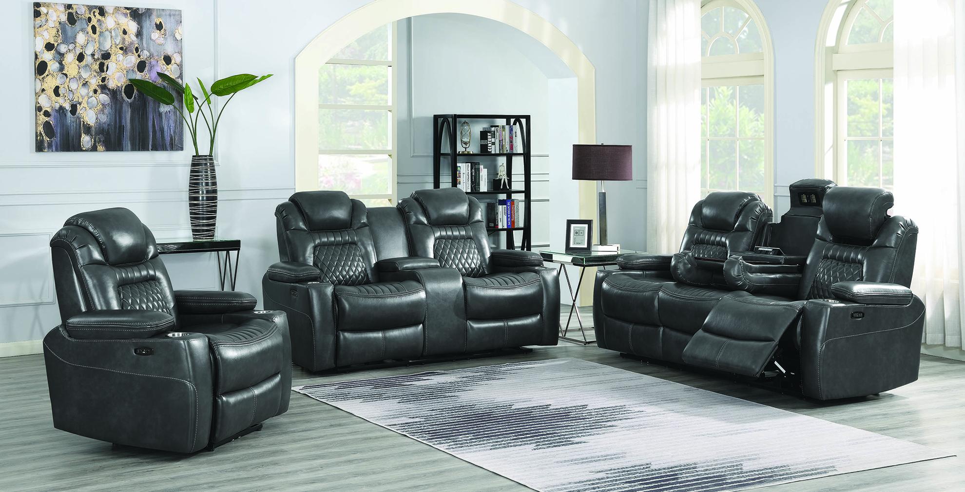

    
 Order  Transitional Charcoal Coated Microfiber Power Loveseat Coaster 603415PP Korbach
