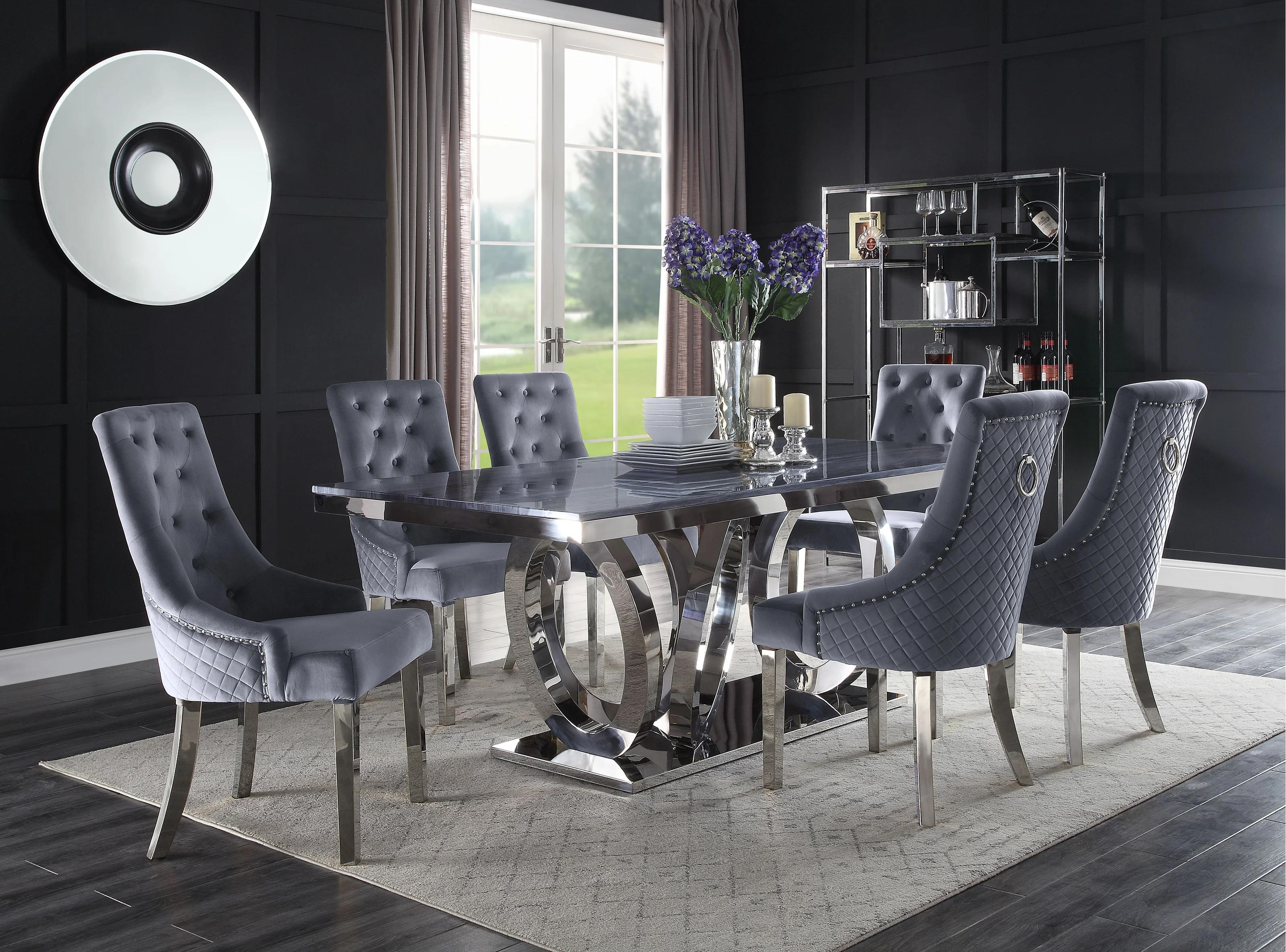 

    
Modern Gray Faux Marble & Mirrored Dining Table + 8x Chairs by Acme Nasir 68255-9pcs
