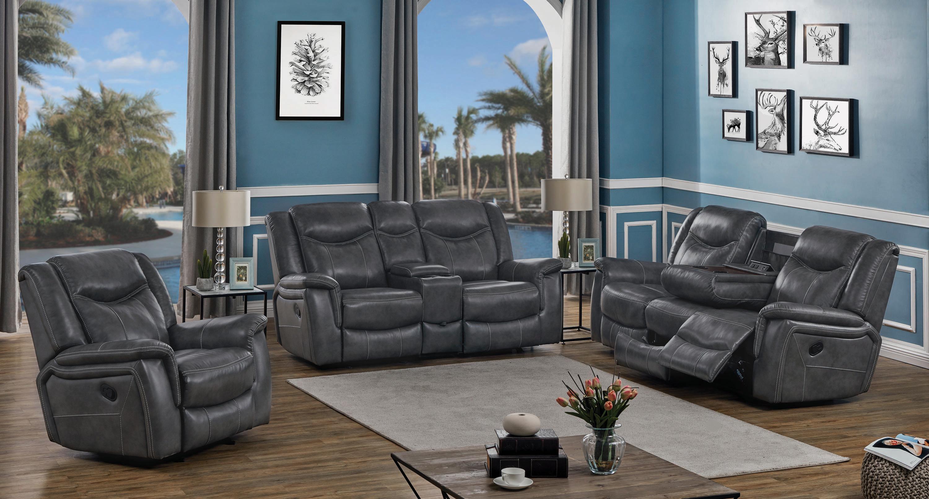 

    
 Shop  Modern Gray Faux Leather Motion Sofa Coaster 650354 Conrad
