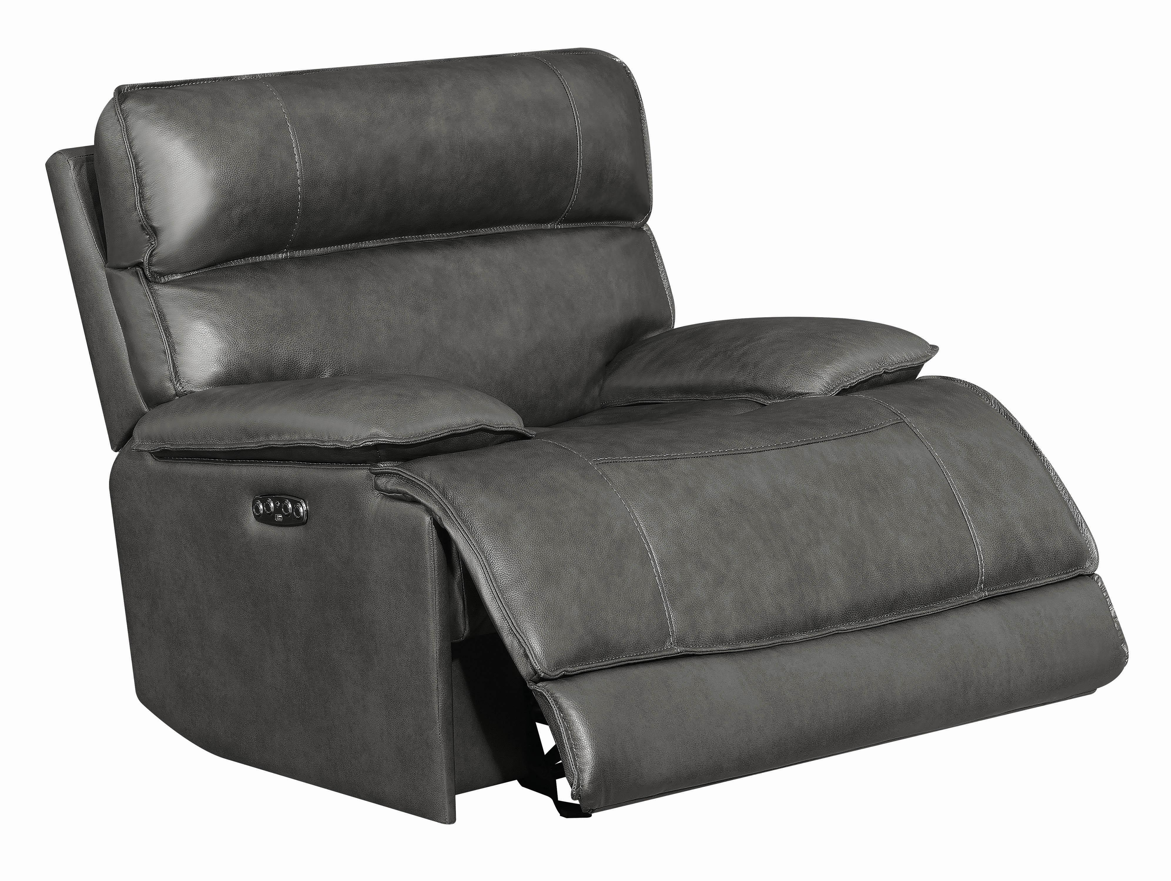 

    
Modern Gray Leather Upholstery Power glider recliner Stanford by Coaster
