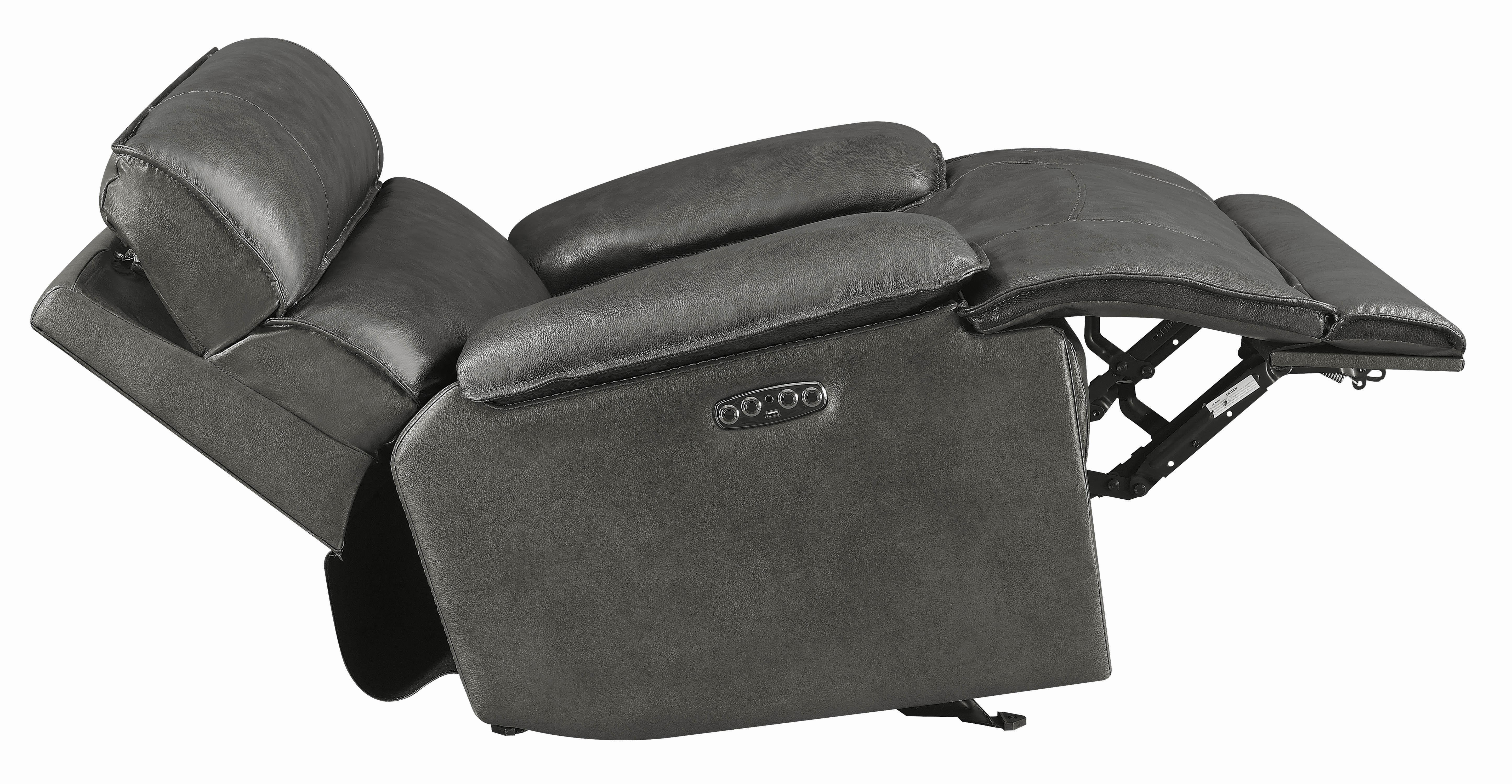 

    
650223P Modern Gray Leather Upholstery Power glider recliner Stanford by Coaster
