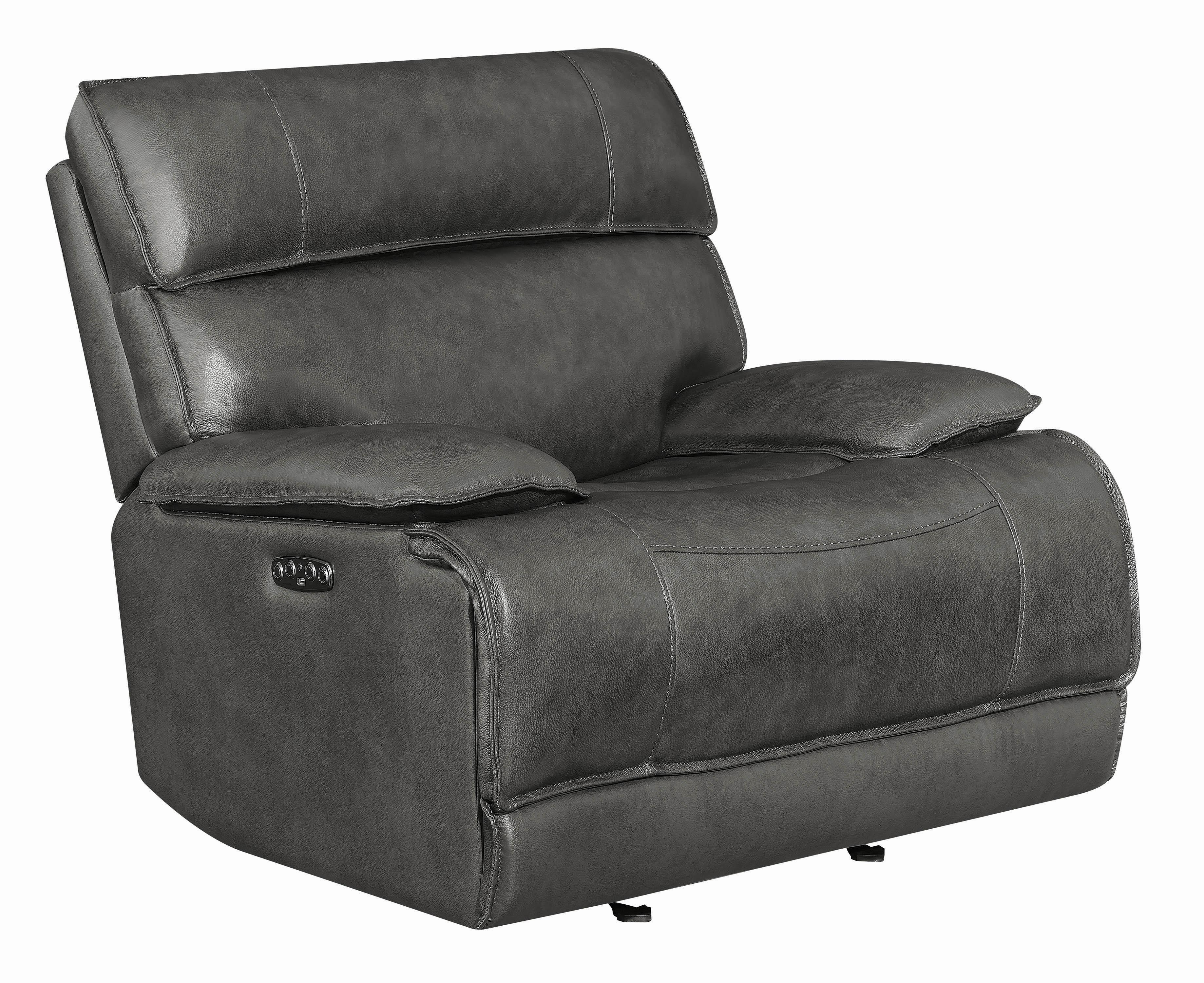 

        
021032440381Modern Gray Leather Upholstery Power glider recliner Stanford by Coaster
