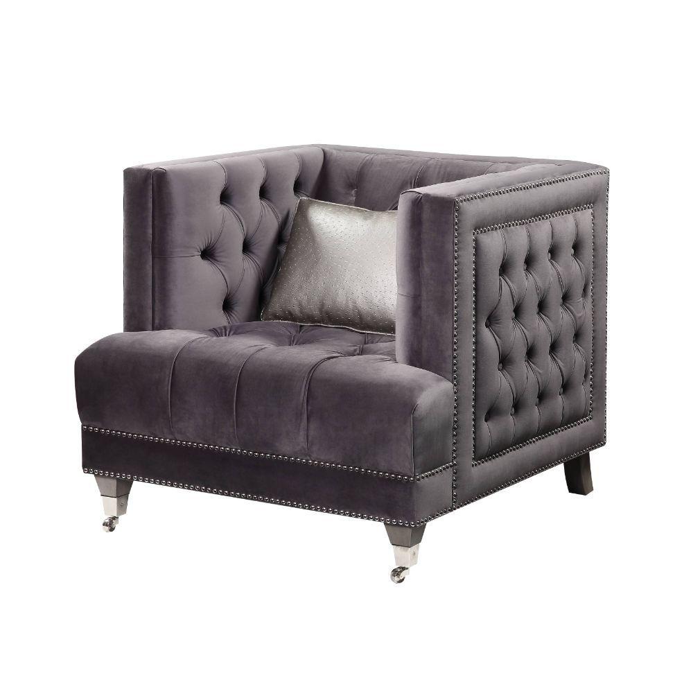

                    
Acme Furniture Hegio Sofa Loveseat and Chair Set Gray Velvet Purchase 
