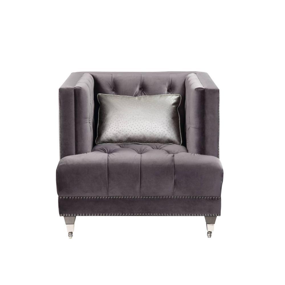 

    
55265-3pcs Modern Gray Velvet Sofa + Loveseat + Chair by Acme Hegio 55265-3pcs
