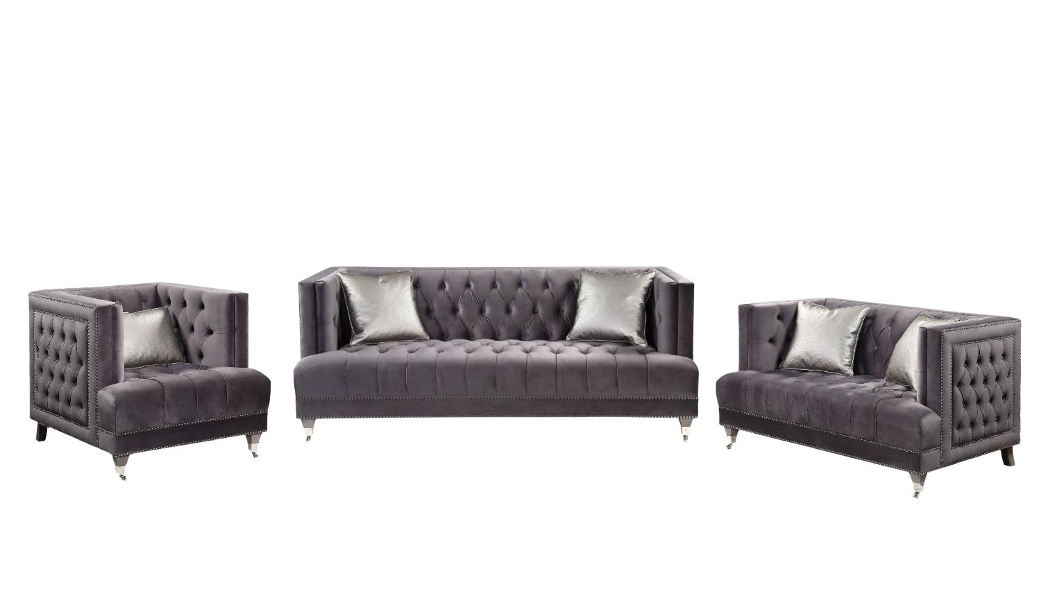 Modern Sofa Loveseat and Chair Set Hegio 55265-3pcs in Gray Velvet