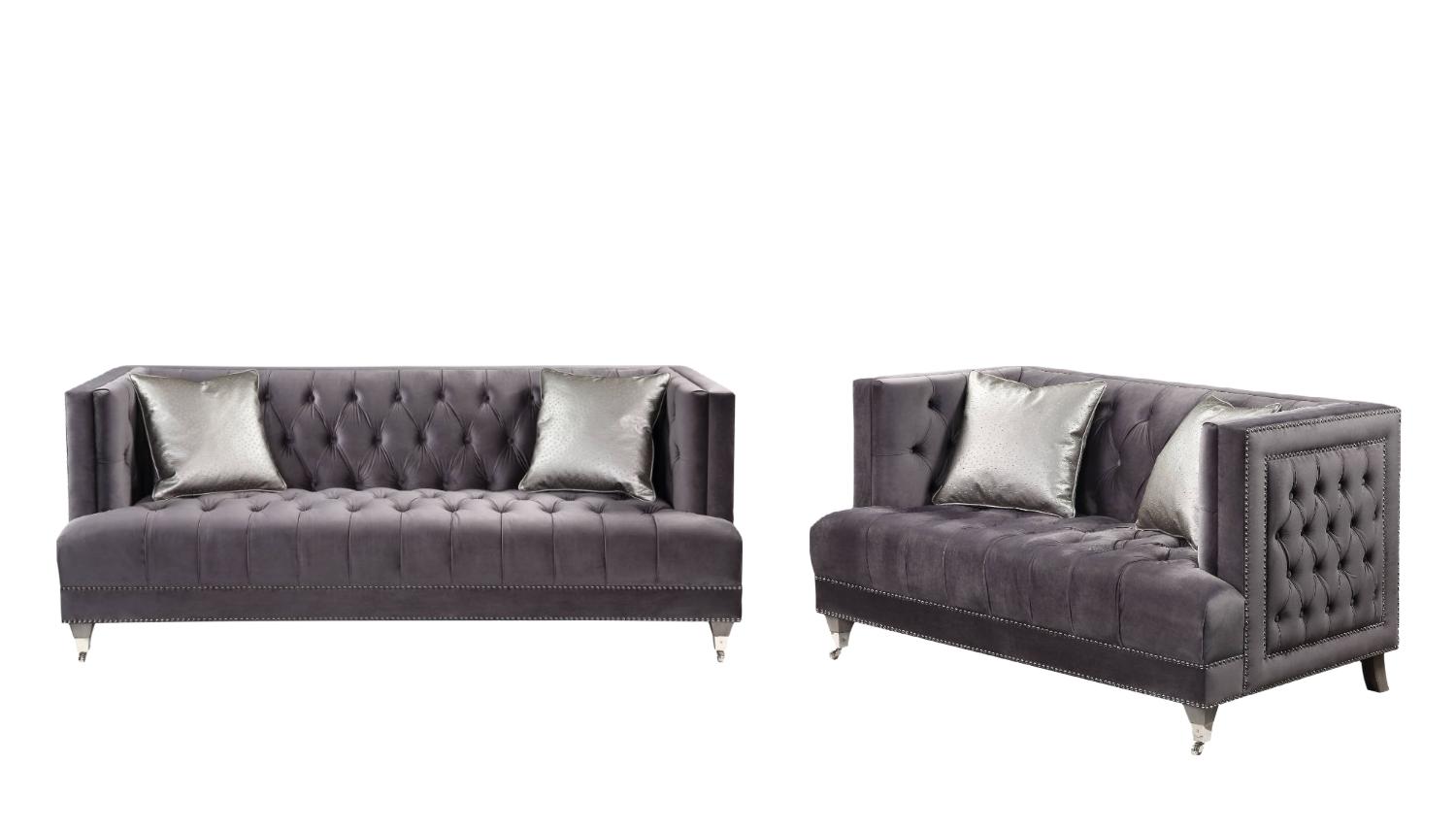 Modern Sofa and Loveseat Set Hegio 55265-2pcs in Gray Velvet