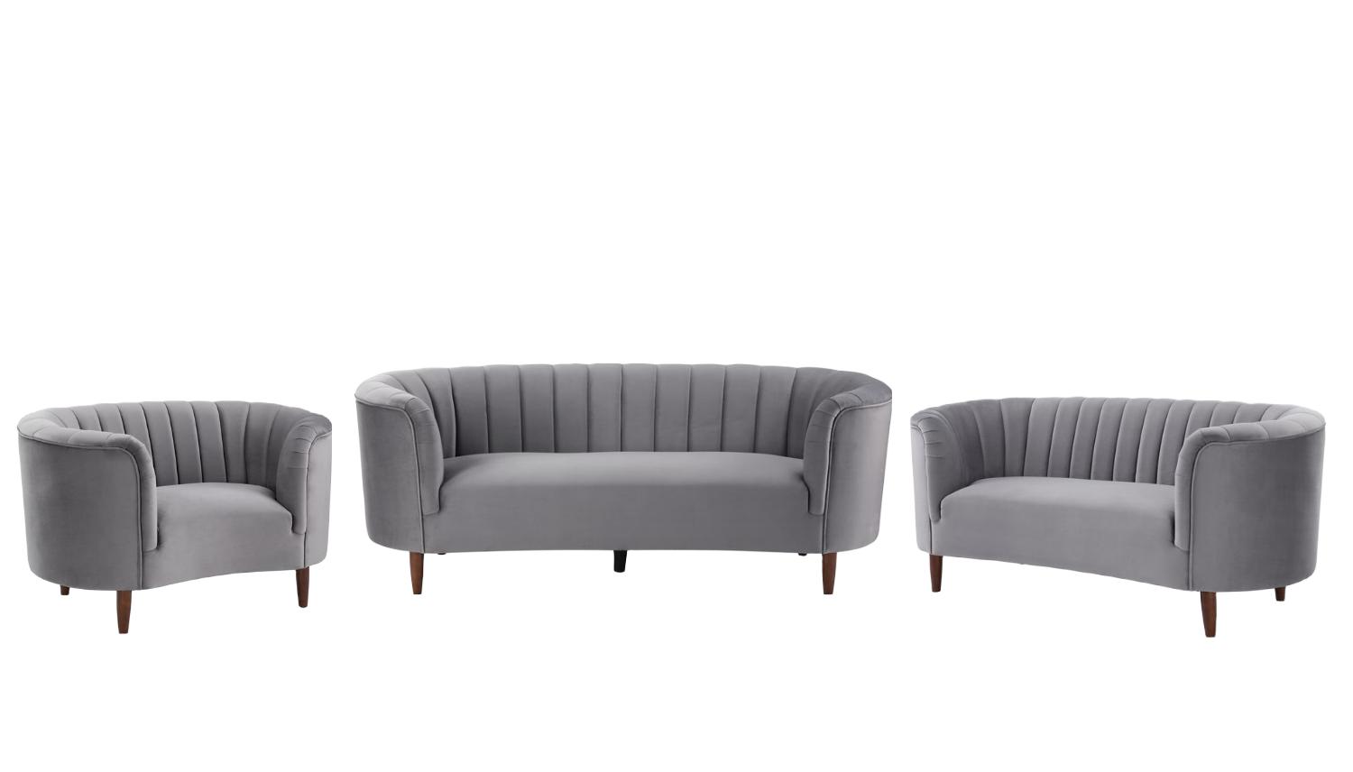 

    
Modern Gray Velvet Sofa + Loveseat + Chair by Acme Millephri LV00166-3pcs
