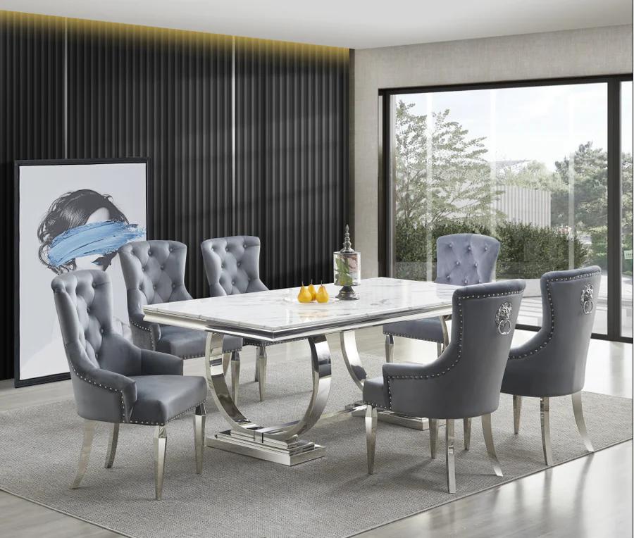 Modern Dining Room Set D1003 D1003-T-7PC in Chrome, White, Gray Fabric