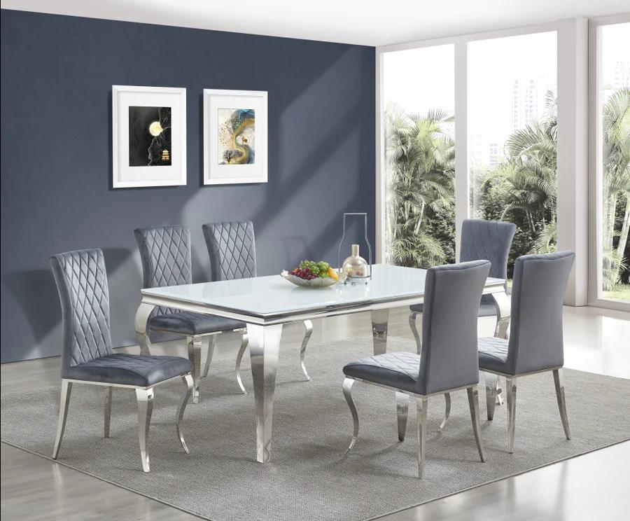 Modern Dining Room Set D1002 D1002-T-7PC in Chrome, Marble, Gray Fabric