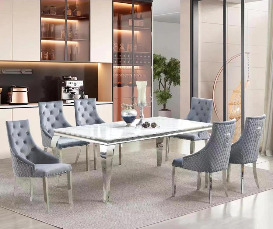 Modern Dining Room Set D1005 D1005-T-7-PC in Chrome, Marble, White, Gray Fabric
