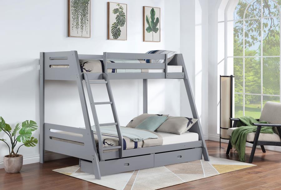 

    
Modern Gray Wood Twin Over Full Bunk Bed Coaster Trisha 460562TF
