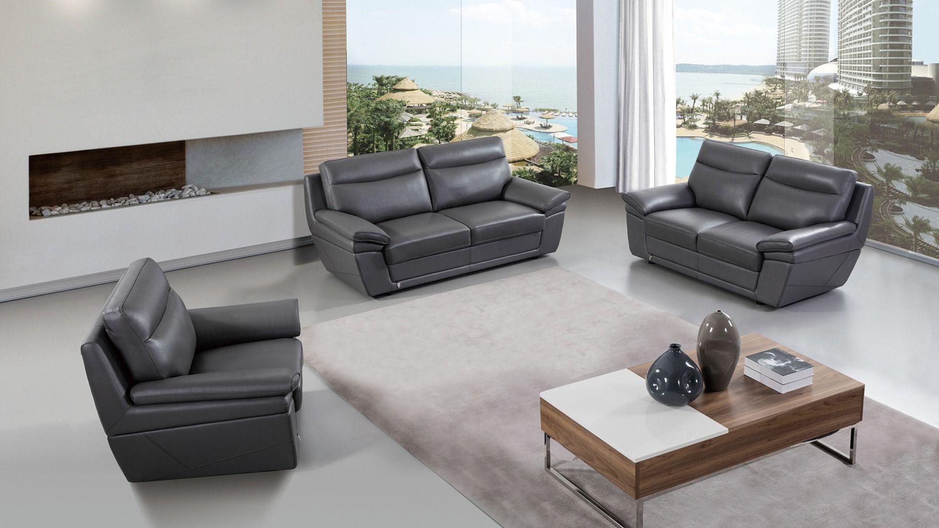 Contemporary, Modern Sofa Set EK092-GR EK092-GR-Set-3 in Gray Top grain leather
