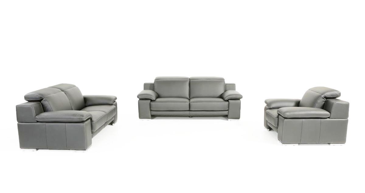 Modern Sofa Loveseat and Chair Set Evergreen VGNT-EVERGREEN-SGRY in Gray Leather