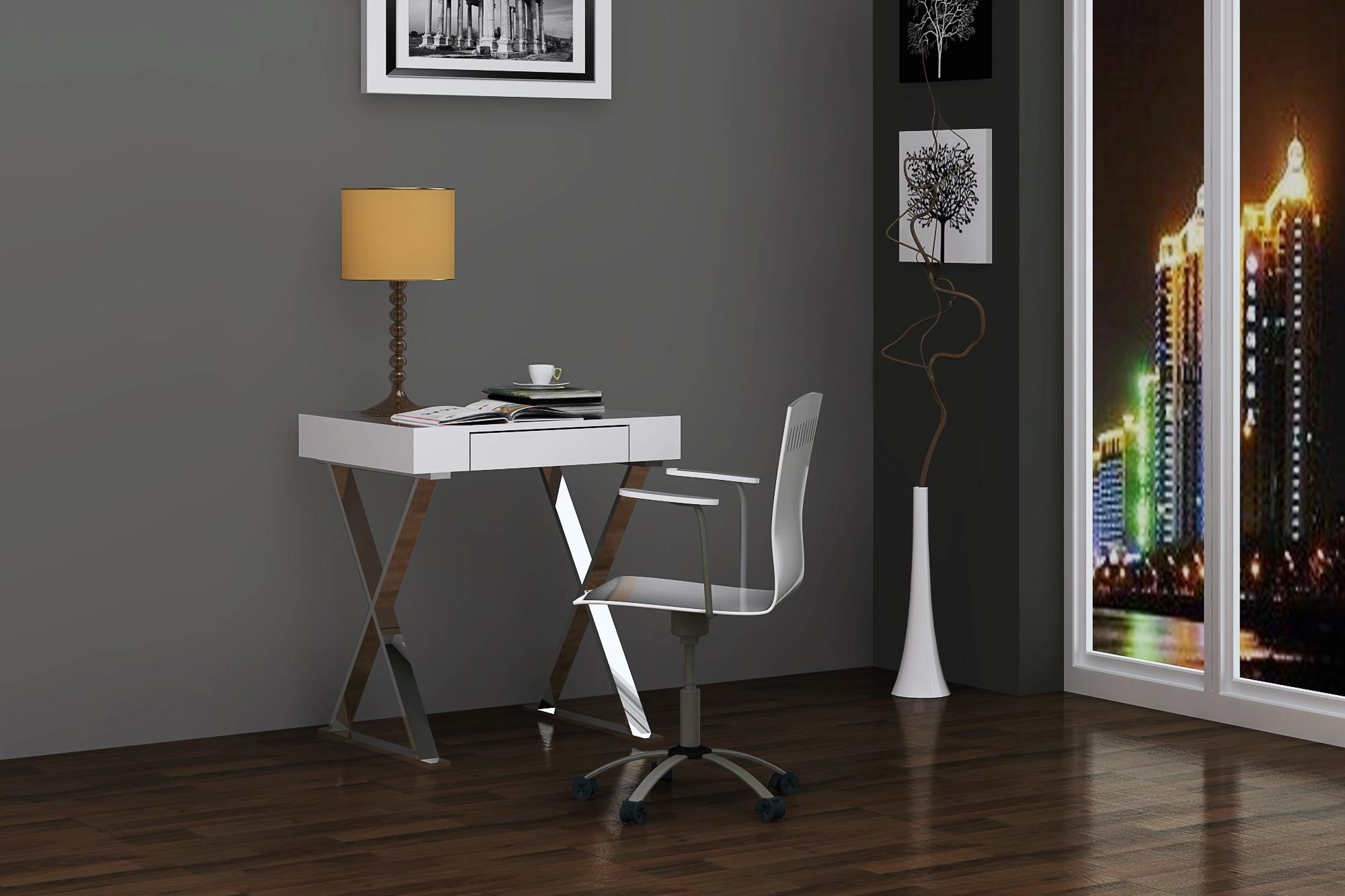 

    
Modern High Gloss White Wood & Stainless Steel Desk WhiteLine DK1205S-WHT Elm
