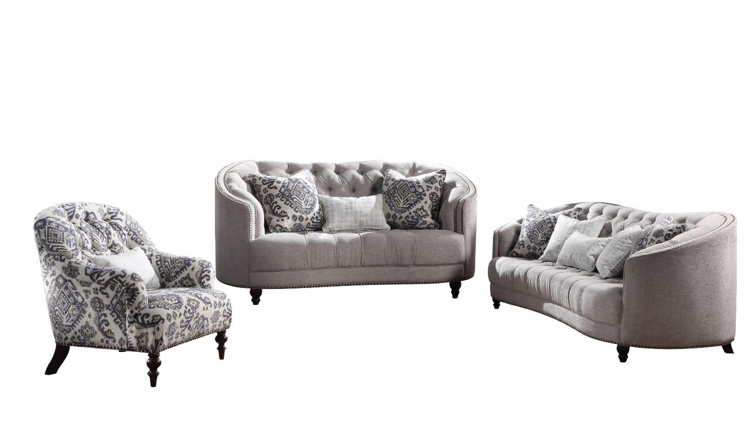 Modern Sofa Loveseat and Chair Set Saira 52060-3pcs in Light Gray Fabric