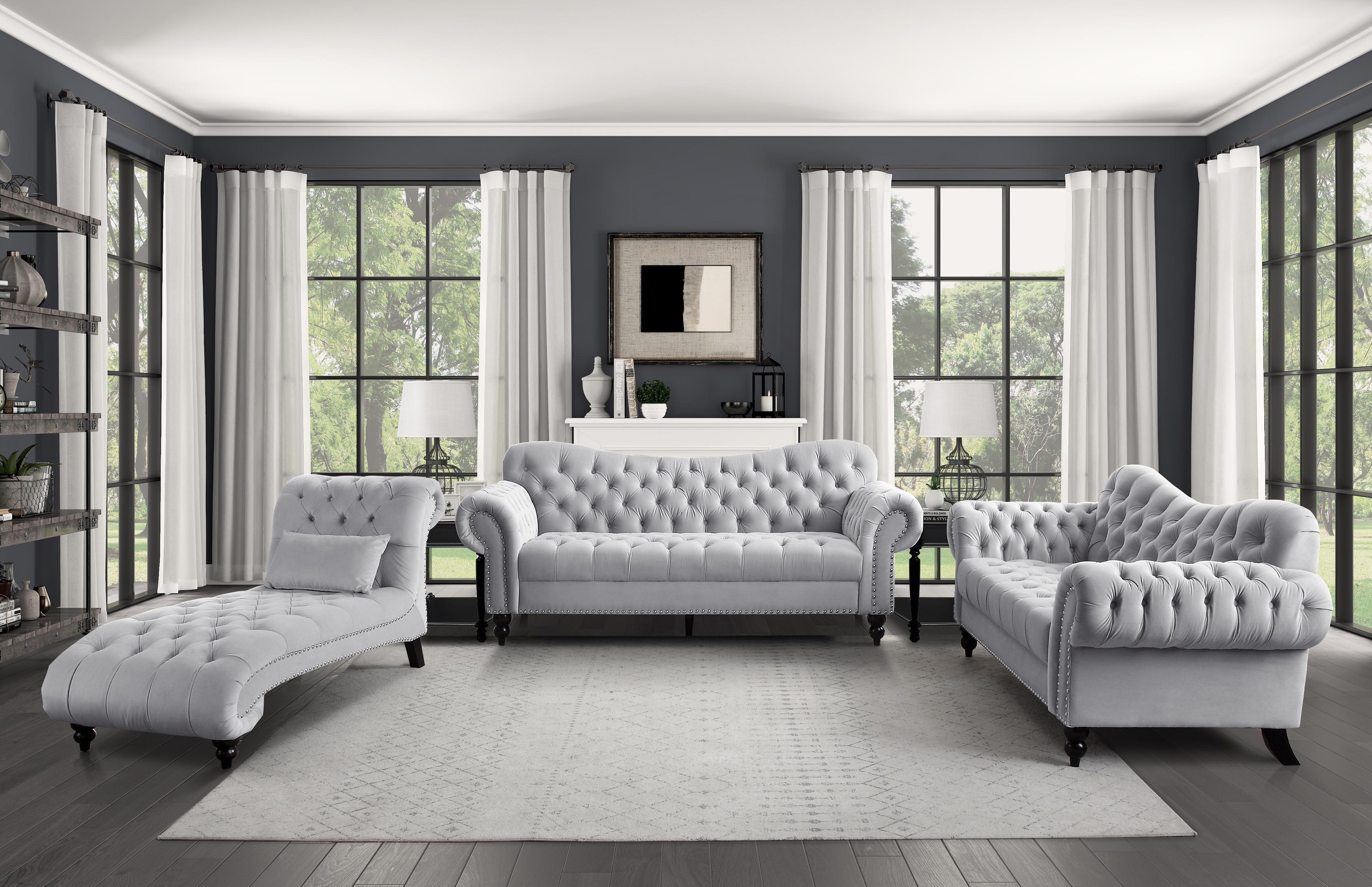 Modern Living Room Set 9330GY-3PC Rosalie 9330GY-3PC in Light Gray Velvet