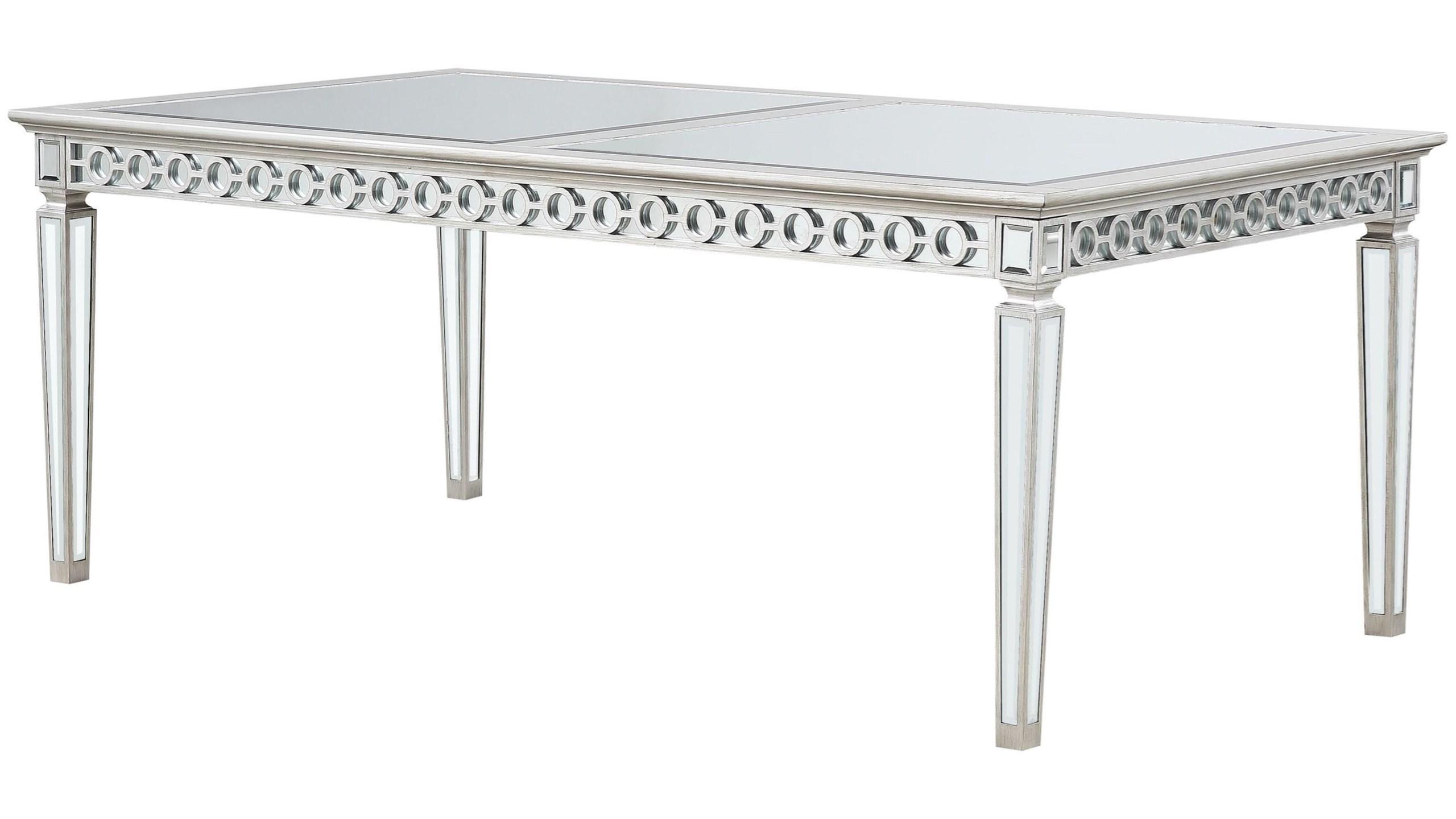 

    
Modern Mirrored & Antique Platinum Dining Table w/ Extension by Acme Varian 66155
