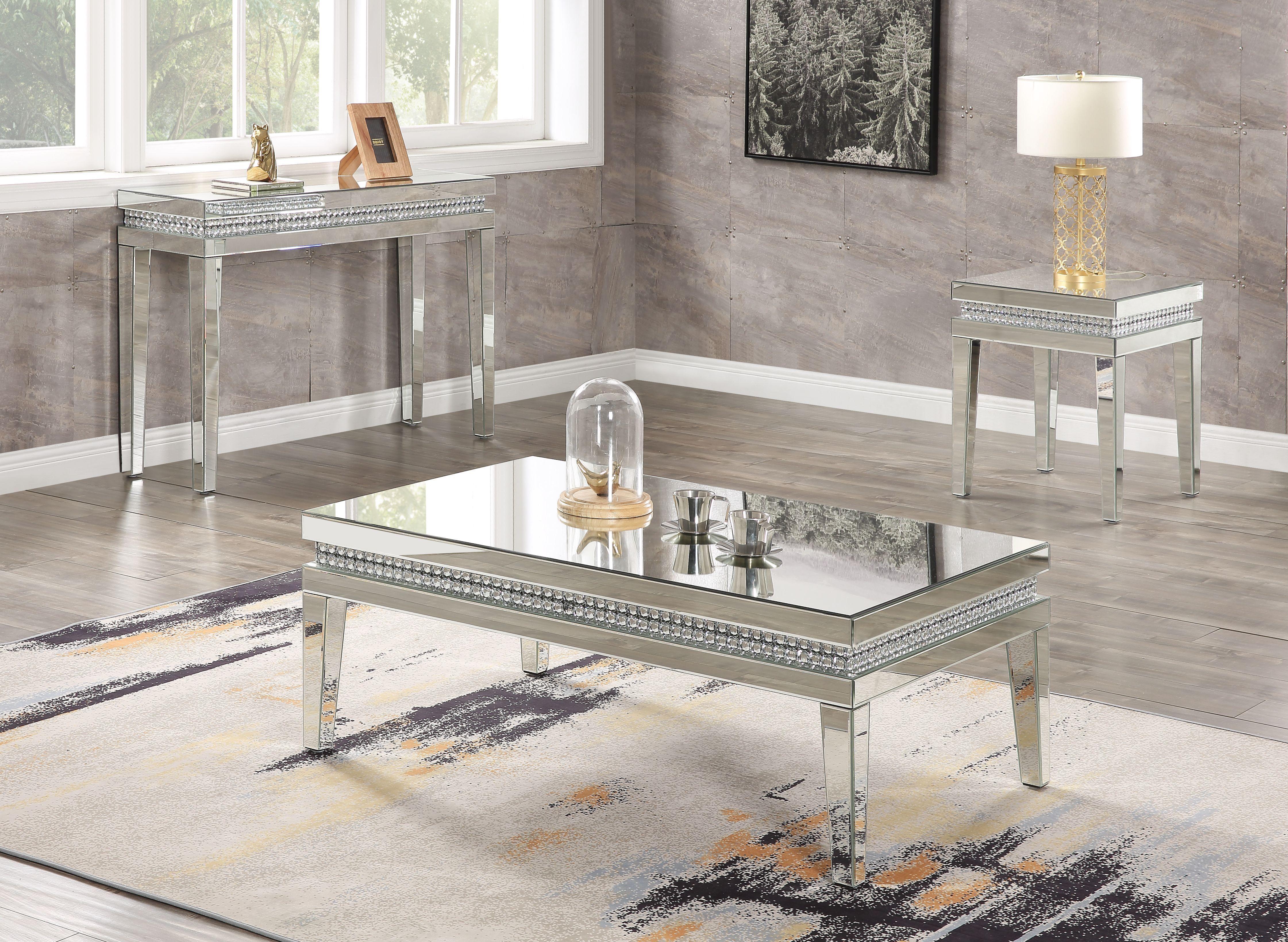 

    
Modern Mirrored & Faux Crystals Inlay Coffee Table + End Table + Sofa Table by Acme Lotus 88050-3pcs
