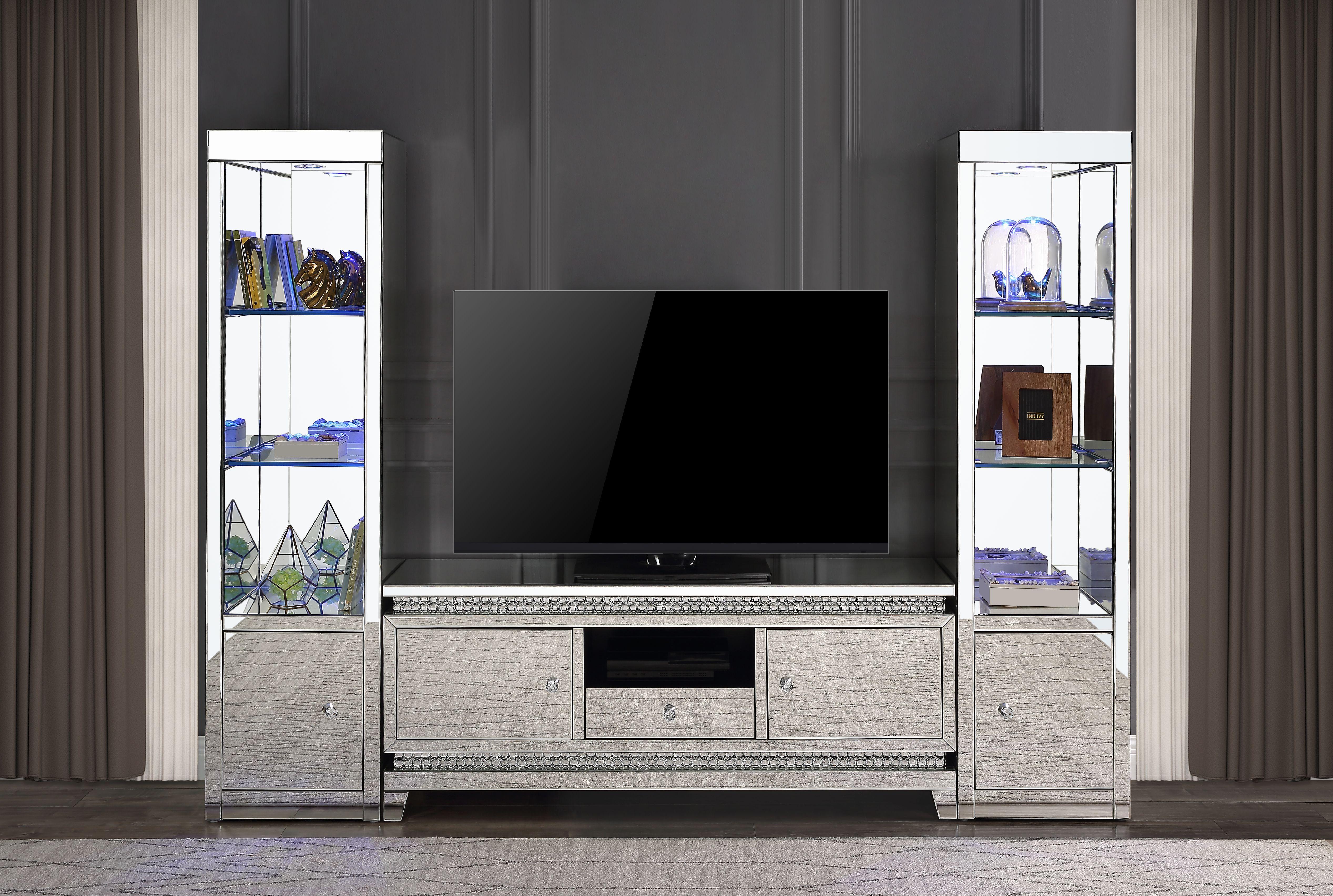 

    
Modern Mirrored & Faux Crystals TV Stand + 2 Side Pier by Acme Lotus 91835-3pcs
