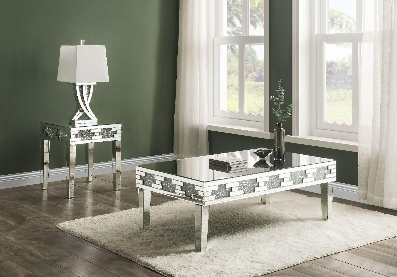

    
Modern Mirrored & Faux Diamonds Coffee Table + 2 End Tables by Acme Noralie 88055--3pcs
