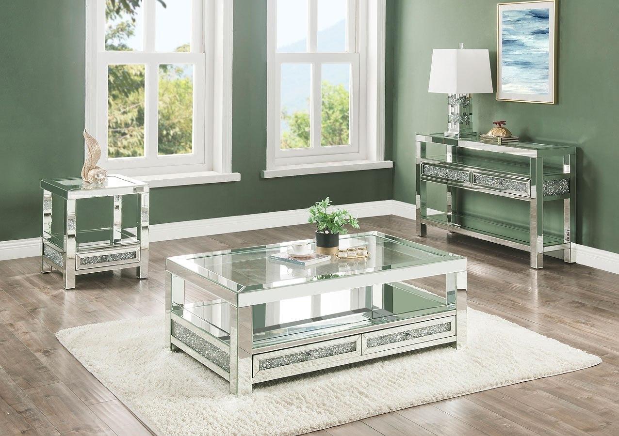 

    
Modern Mirrored & Faux Diamonds Coffee Table + End Table + Sofa Table by Acme Noralie 84730-3pcs
