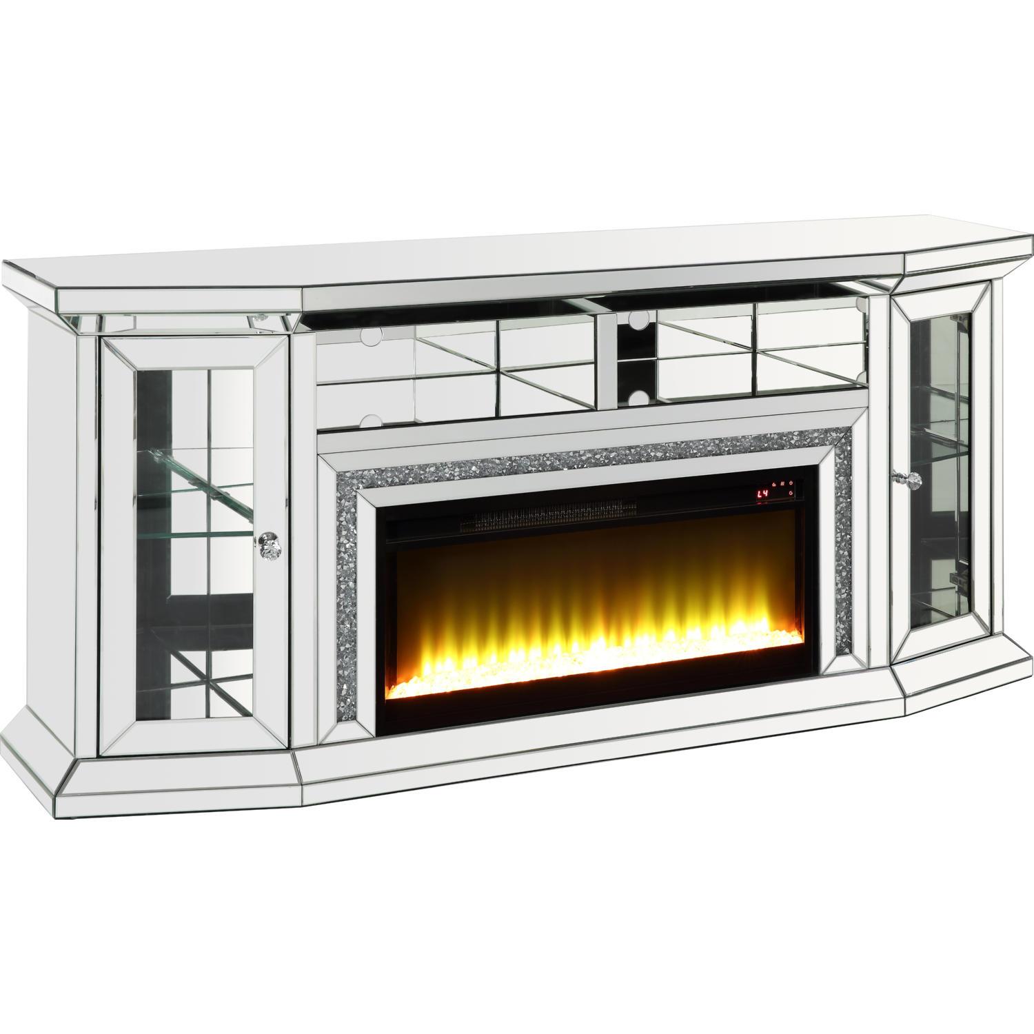 

    
Modern Mirrored & Faux Diamonds TV Stand with Fireplace by Acme Noralie AC00517
