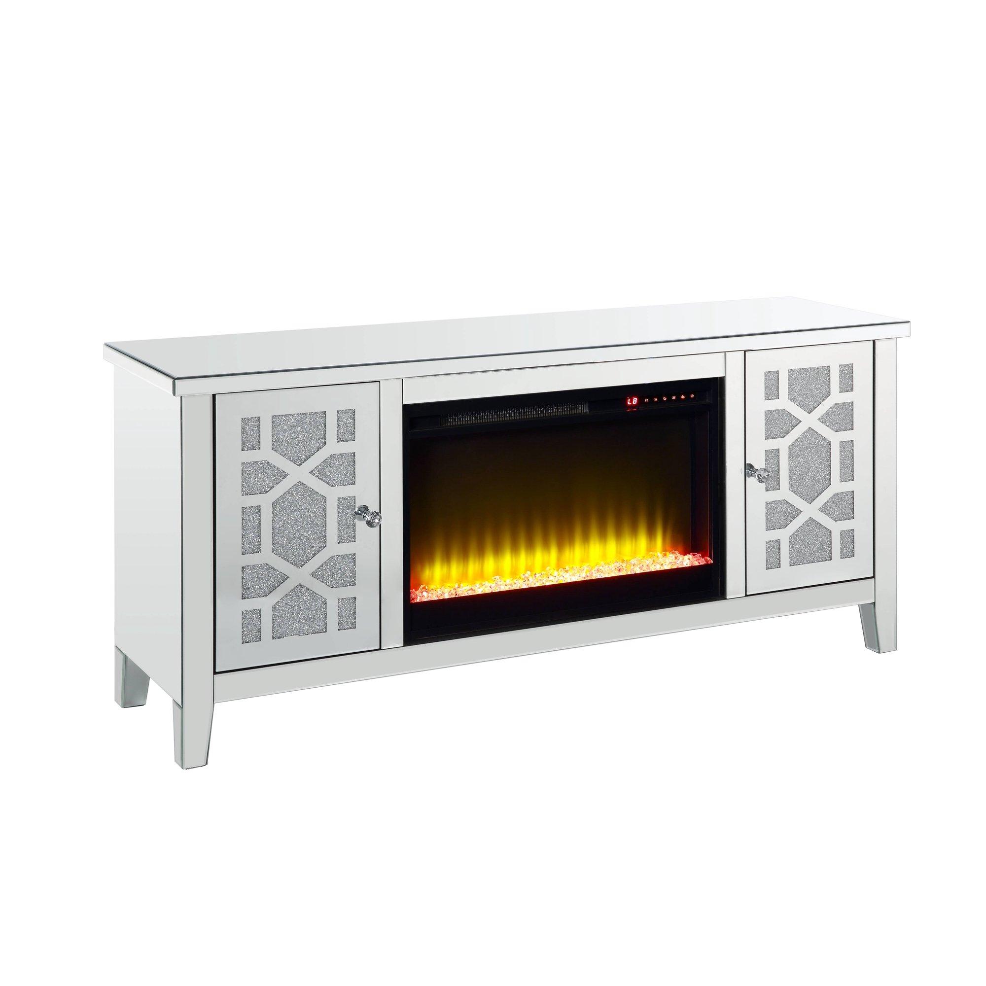 

    
Modern Mirrored & Faux Diamonds TV Stand with Fireplace by Acme Noralie LV00312
