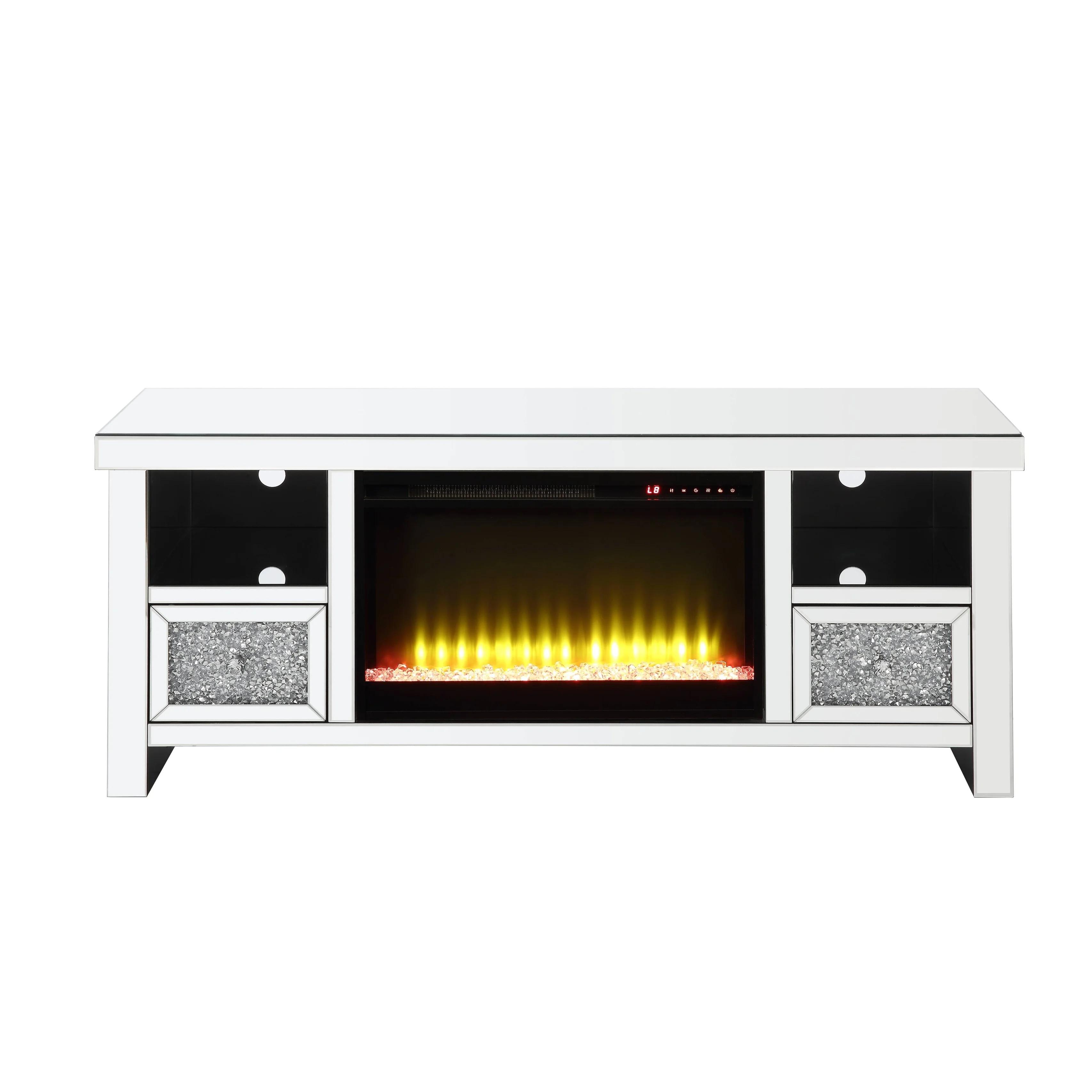 

    
Modern Mirrored & Faux Diamonds TV Stand with Fireplace by Acme Noralie LV00313
