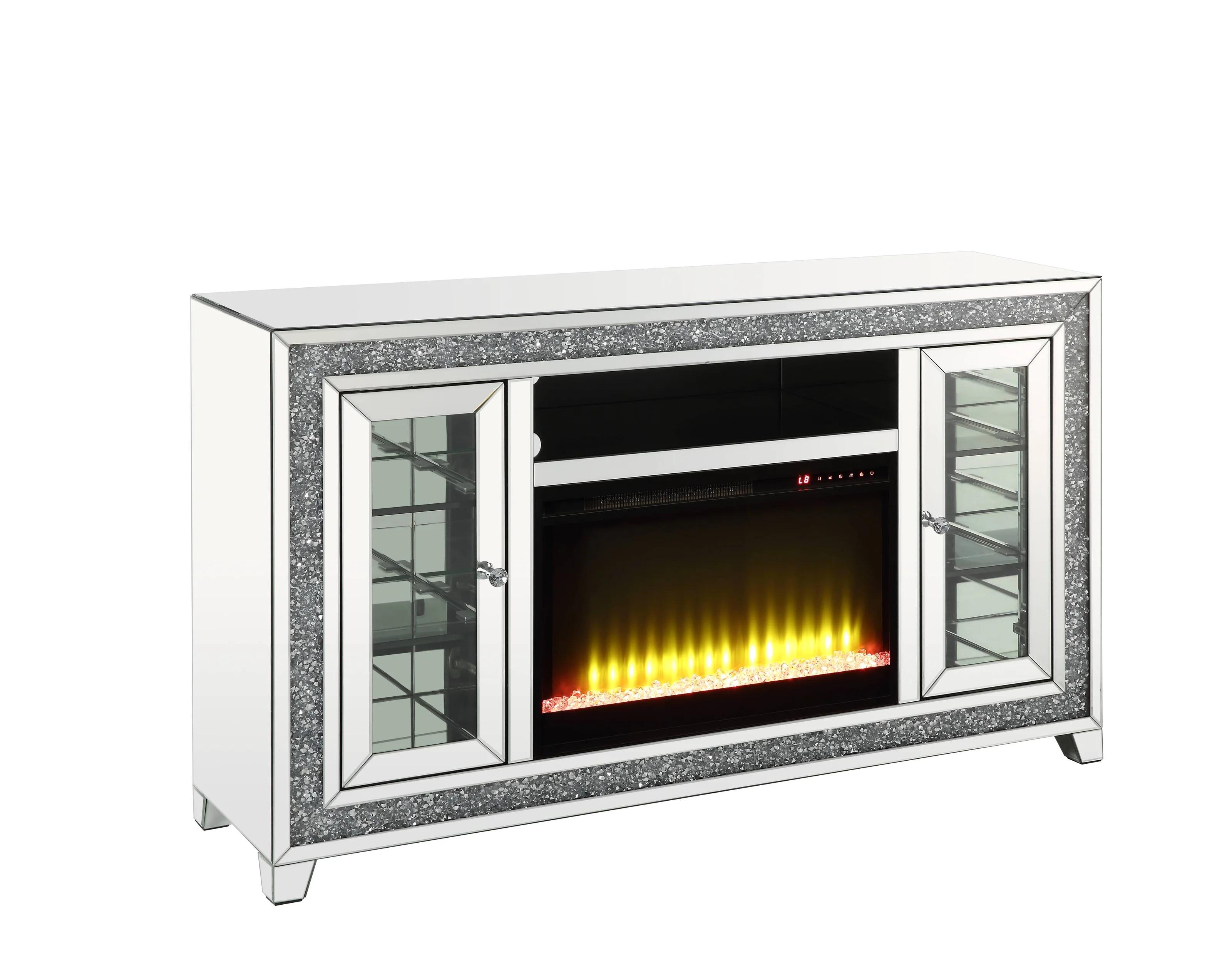 

    
Modern Mirrored & Faux Diamonds TV Stand with Fireplace by Acme Noralie LV00316
