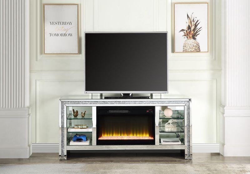 

    
LV00317 Modern Mirrored & Faux Diamonds TV Stand with Fireplace by Acme Noralie LV00317

