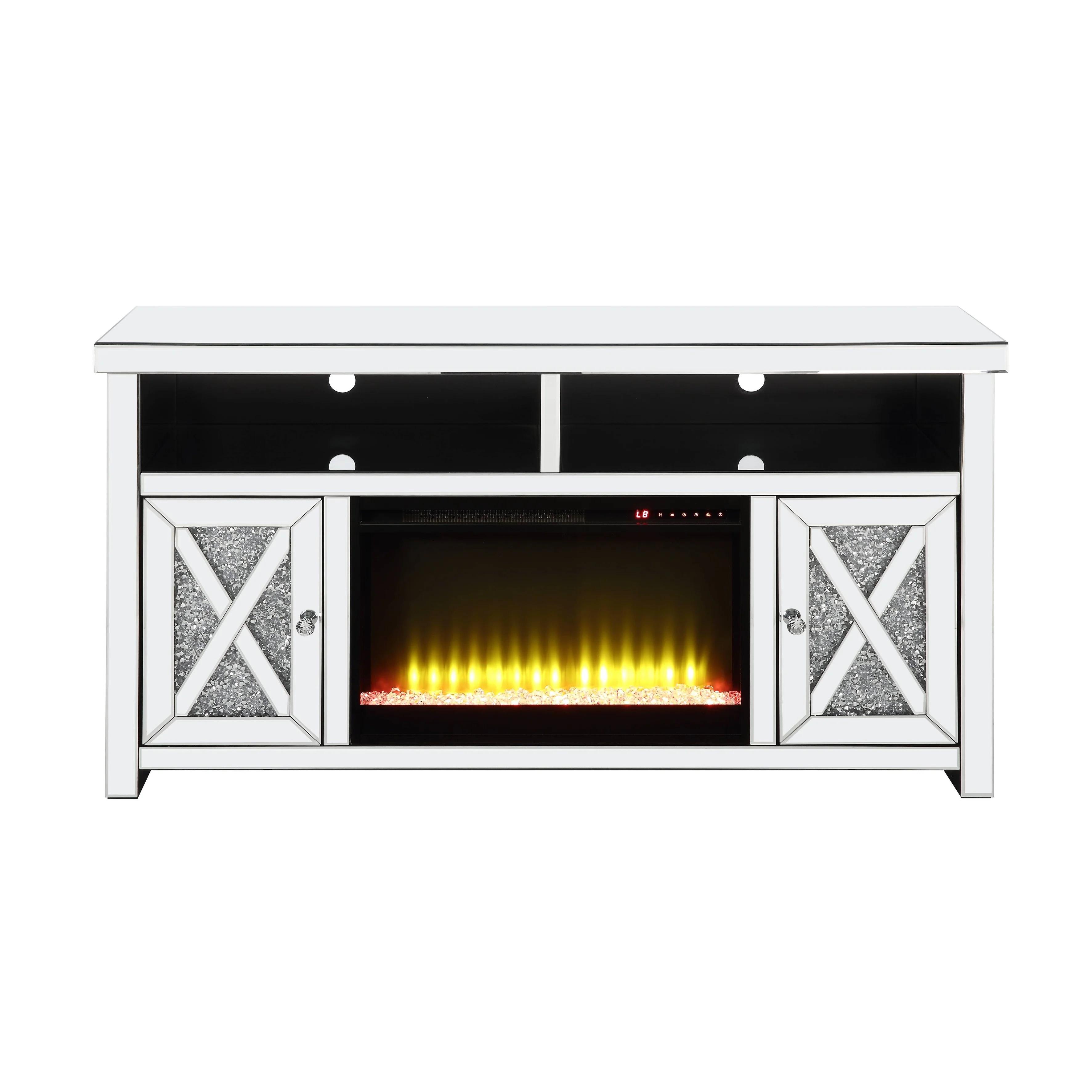 

    
Modern Mirrored & Faux Diamonds TV Stand with Fireplace by Acme Noralie LV00318
