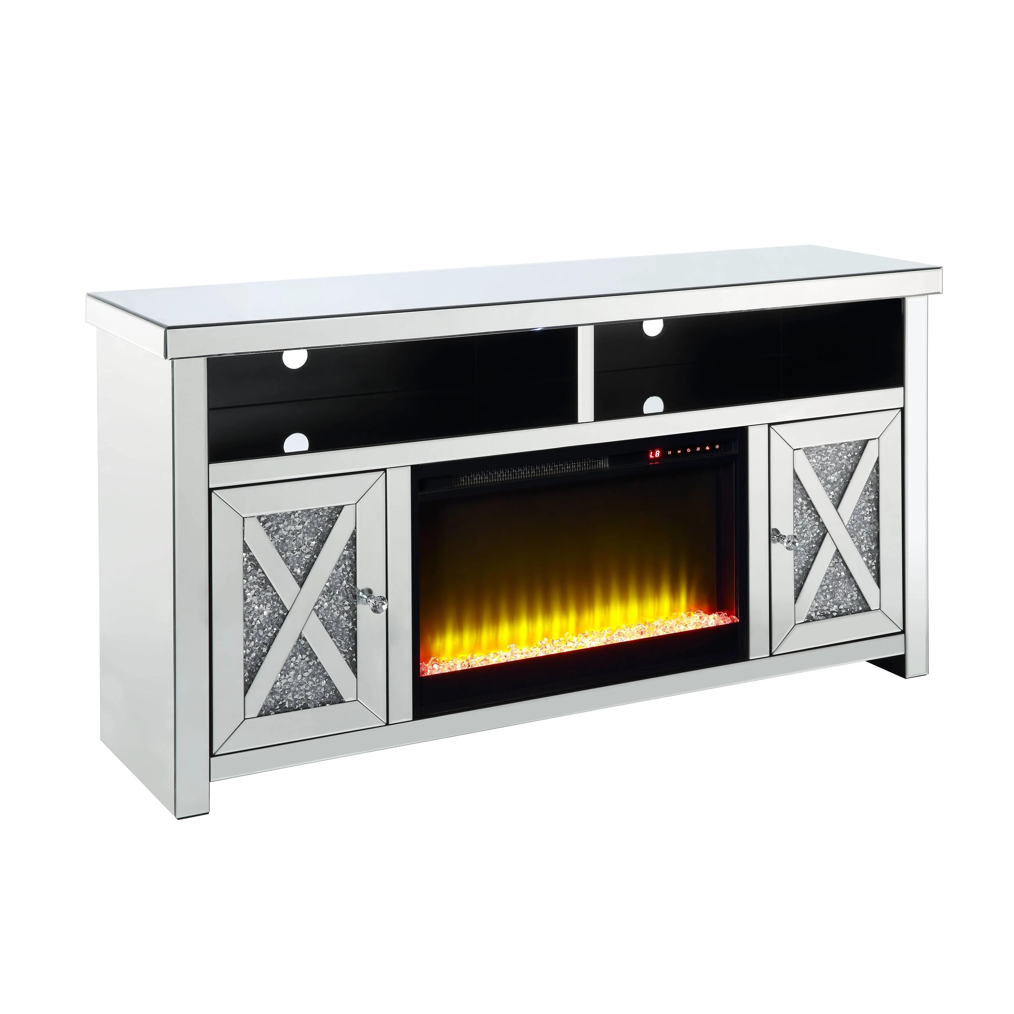 

    
Modern Mirrored & Faux Diamonds TV Stand with Fireplace by Acme Noralie LV00318
