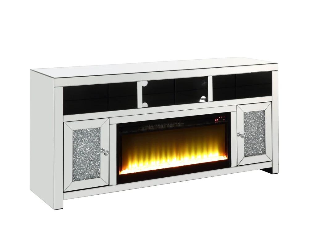 

    
Modern Mirrored & Faux Diamonds TV Stand with Fireplace by Acme Noralie LV00519
